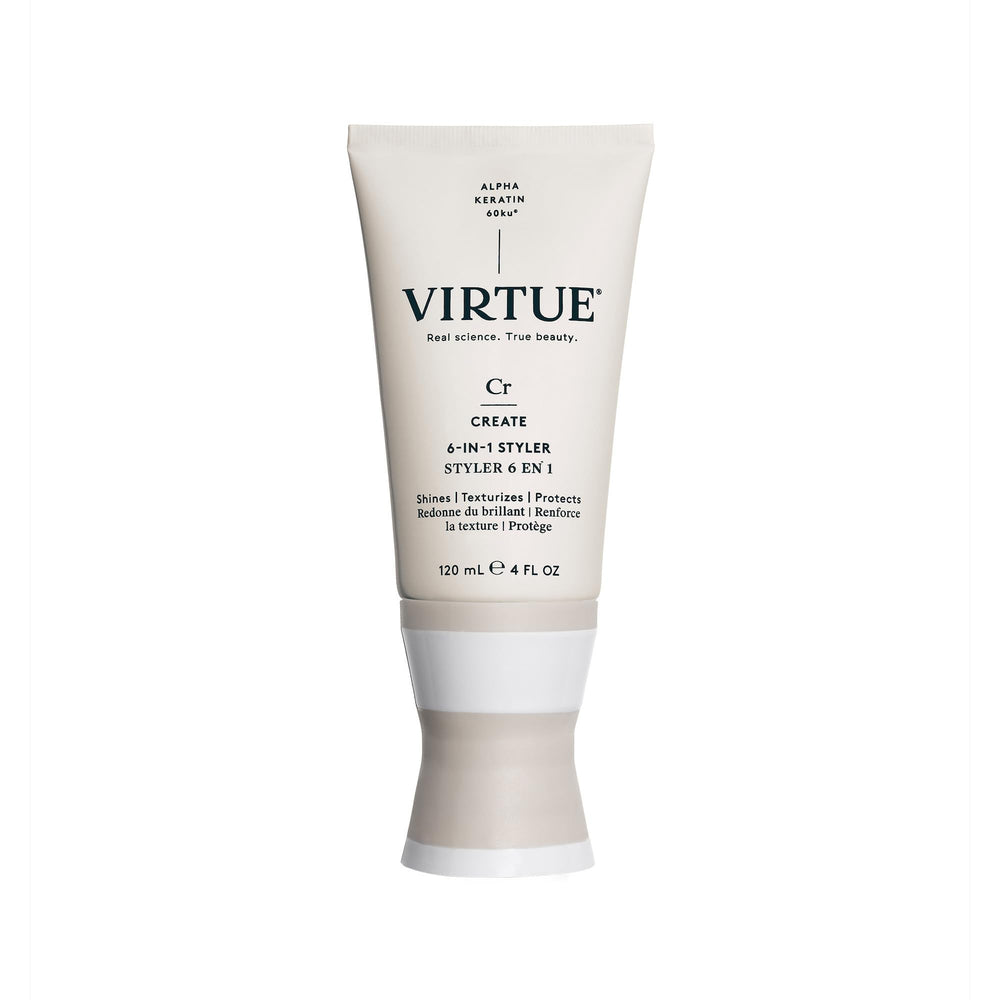 VIRTUE 6-in-1 Styler bottle close-up showing lightweight protection for everyday styling.