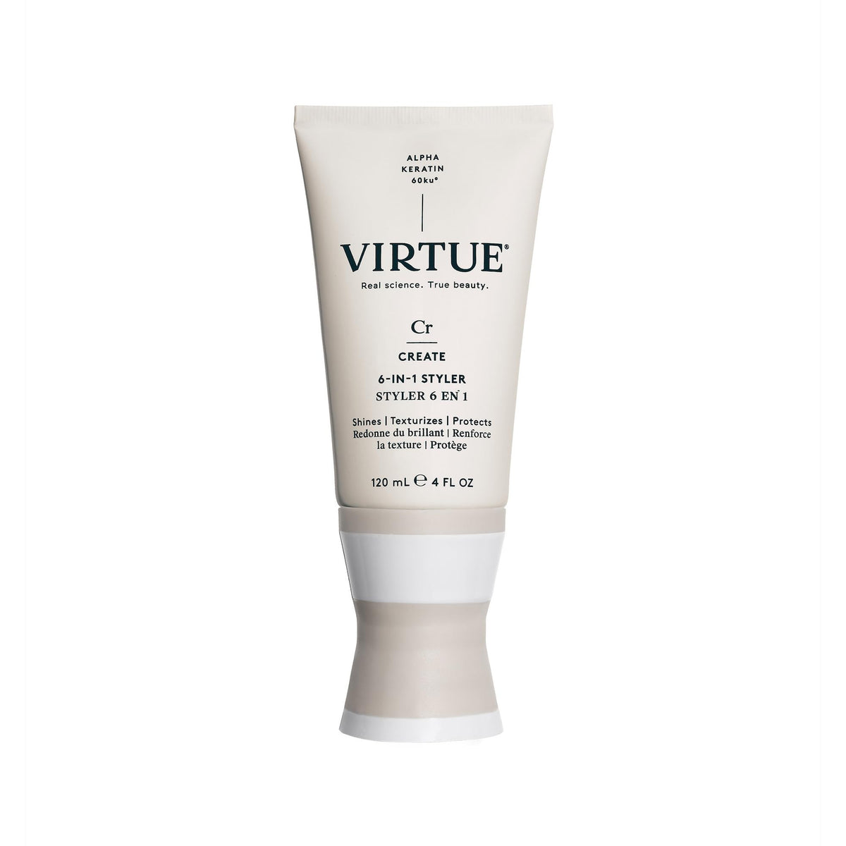 VIRTUE 6-in-1 Styler bottle close-up showing lightweight protection for everyday styling.