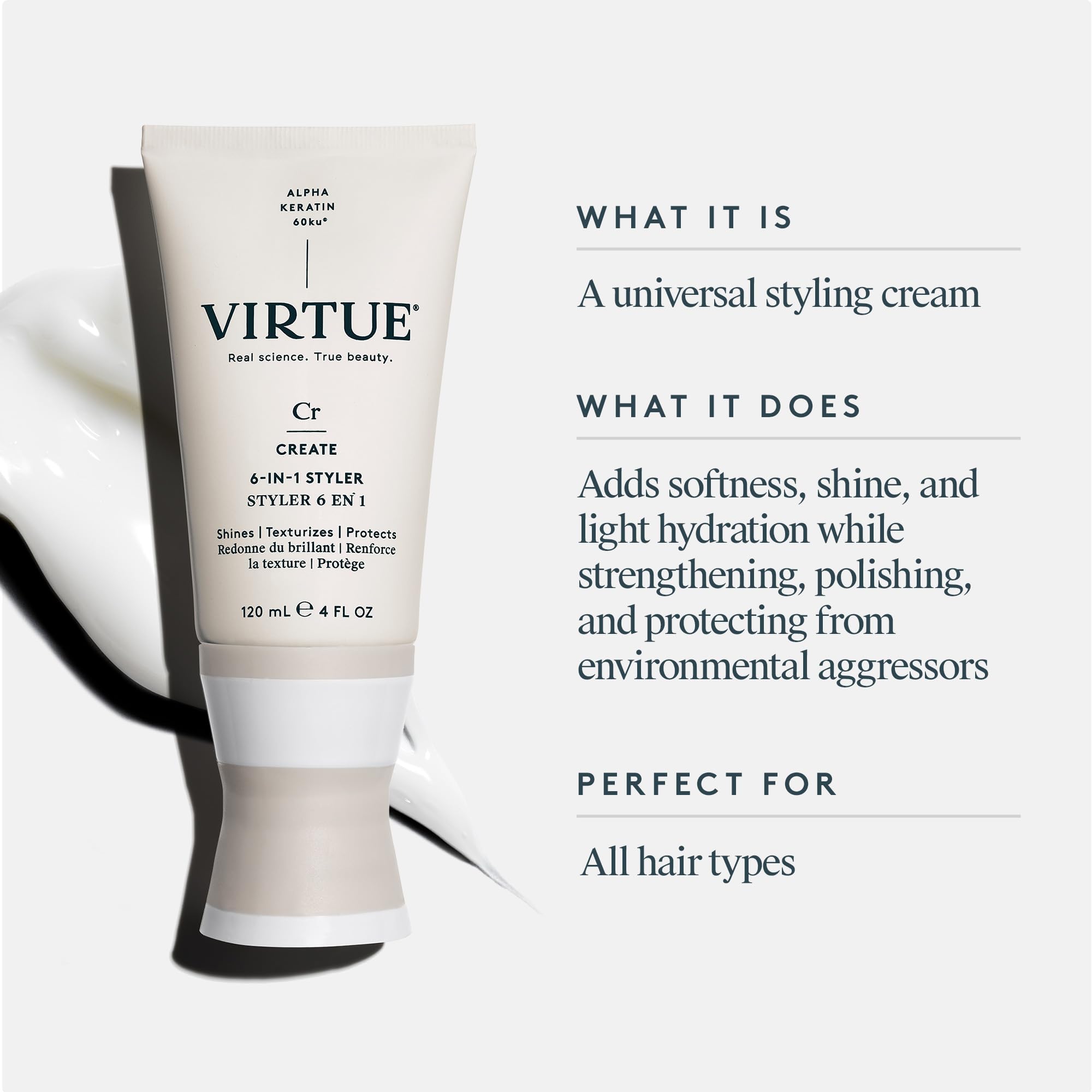 VIRTUE 6-in-1 Styler highlights color-safe formula for treated hair.