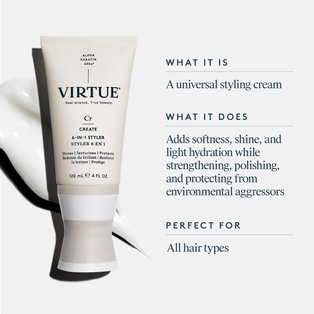 VIRTUE 6-in-1 Styler highlights color-safe formula for treated hair.