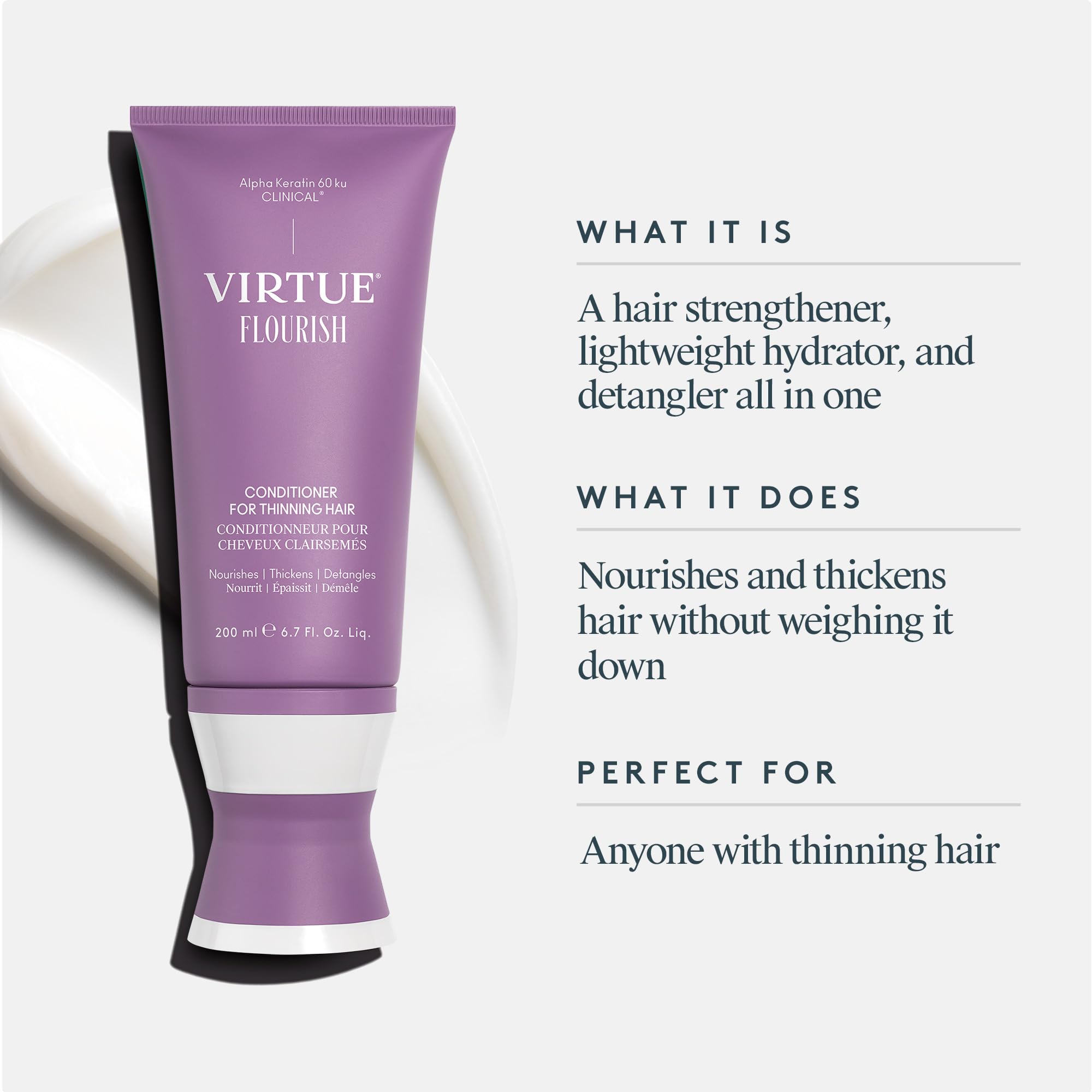 Close-up texture shows creamy, silicone-free hydration from Virtue Flourish Conditioner.