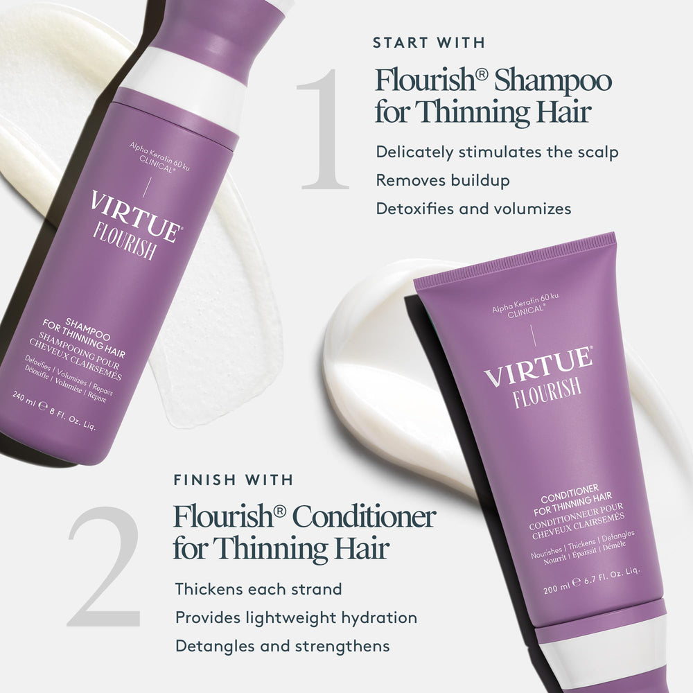 Wet hair application using Virtue Flourish Conditioner supports easy detangling.