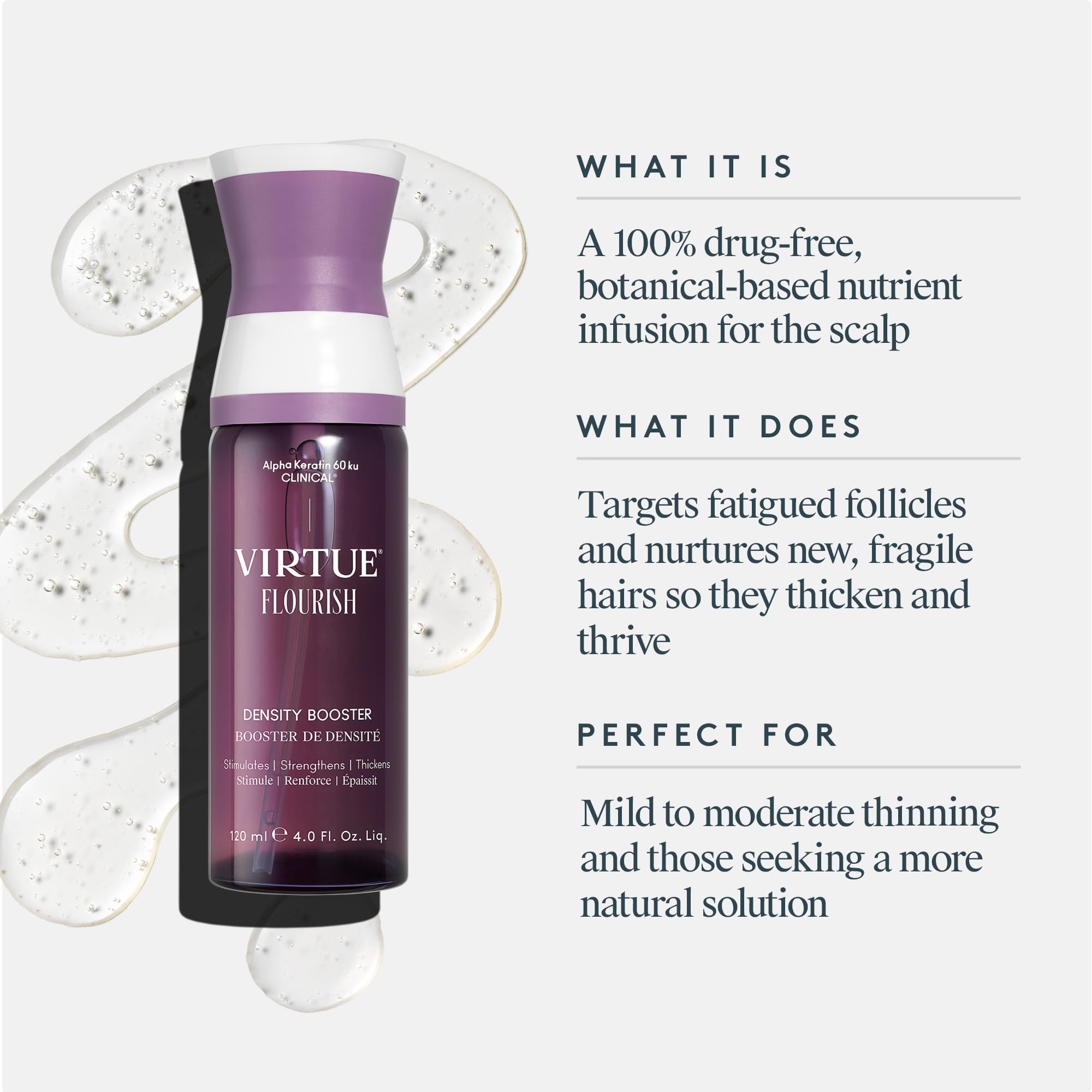 Virtue Flourish Density Booster ingredients label showing nutrient-rich blend.