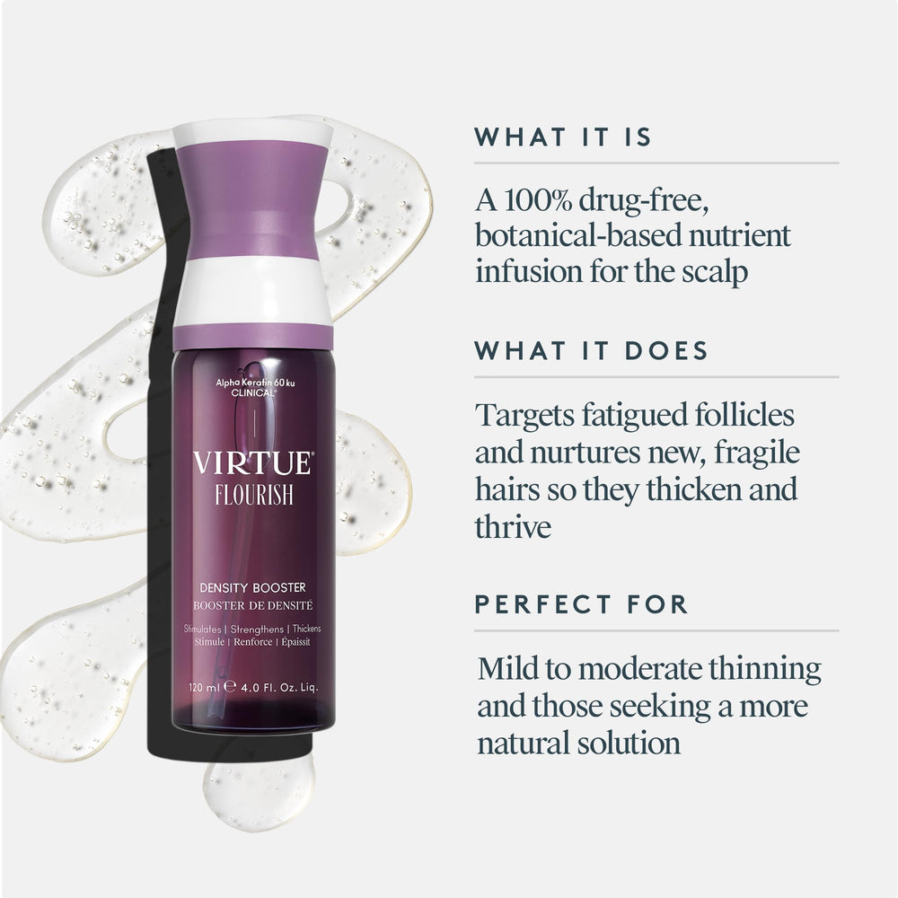 Virtue Flourish Density Booster ingredients label showing nutrient-rich blend.