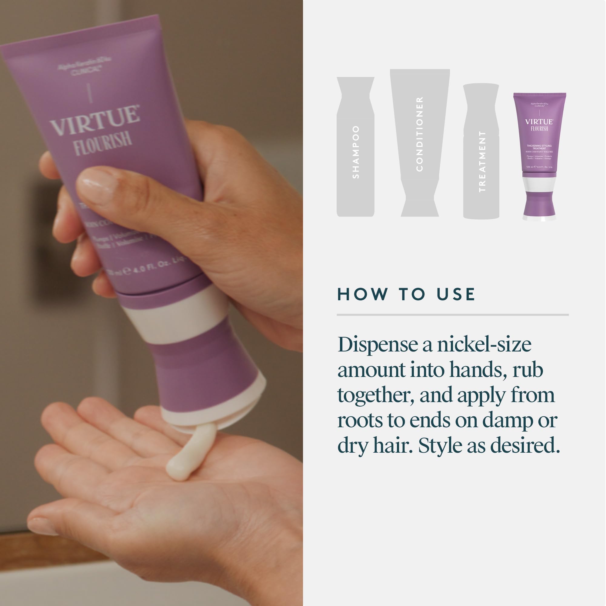 Virtue Flourish heat protection up to 450°F during styling.