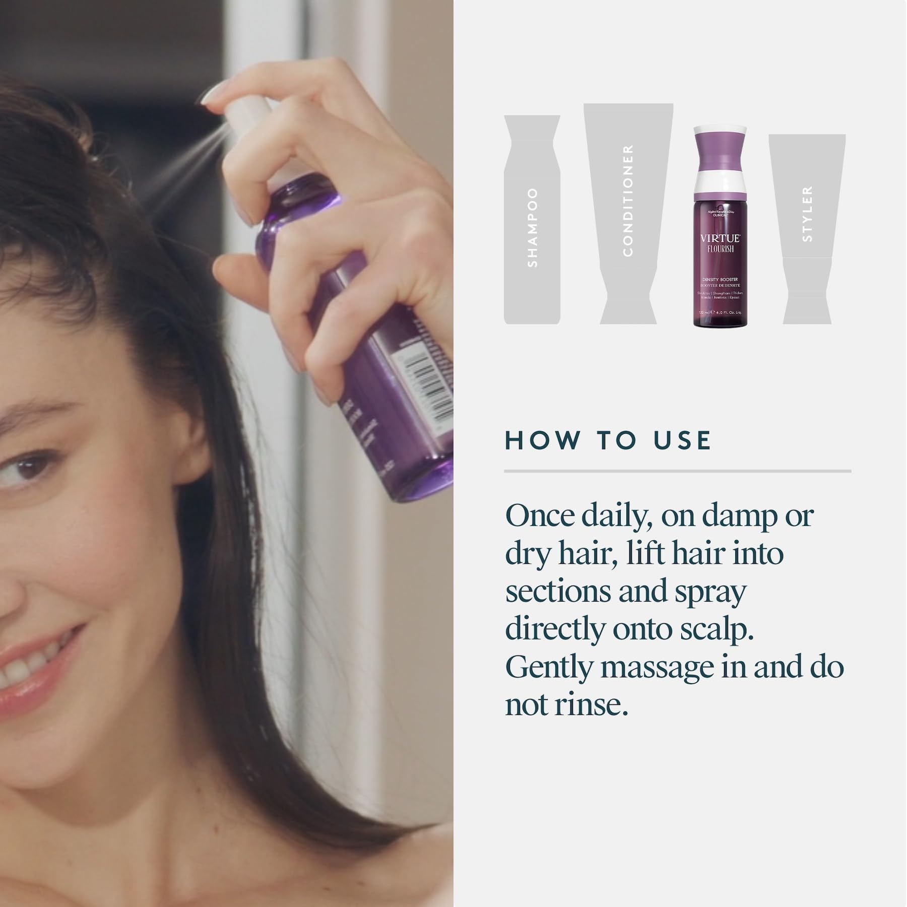 Virtue Flourish protein-complex emphasizes strengthening new hair at the root.