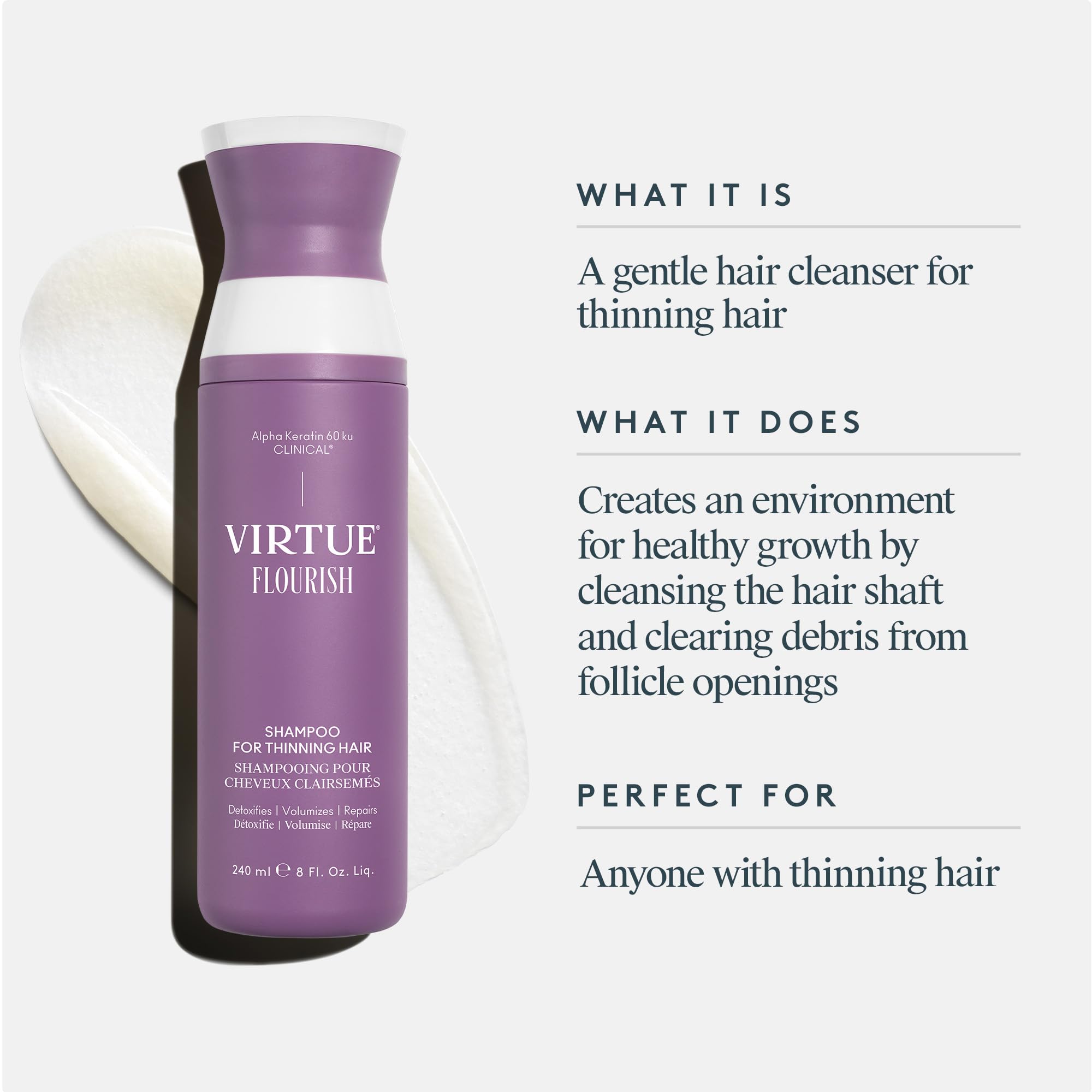 Close-up of Virtue Flourish Shampoo on the scalp, signaling nourishing care.
