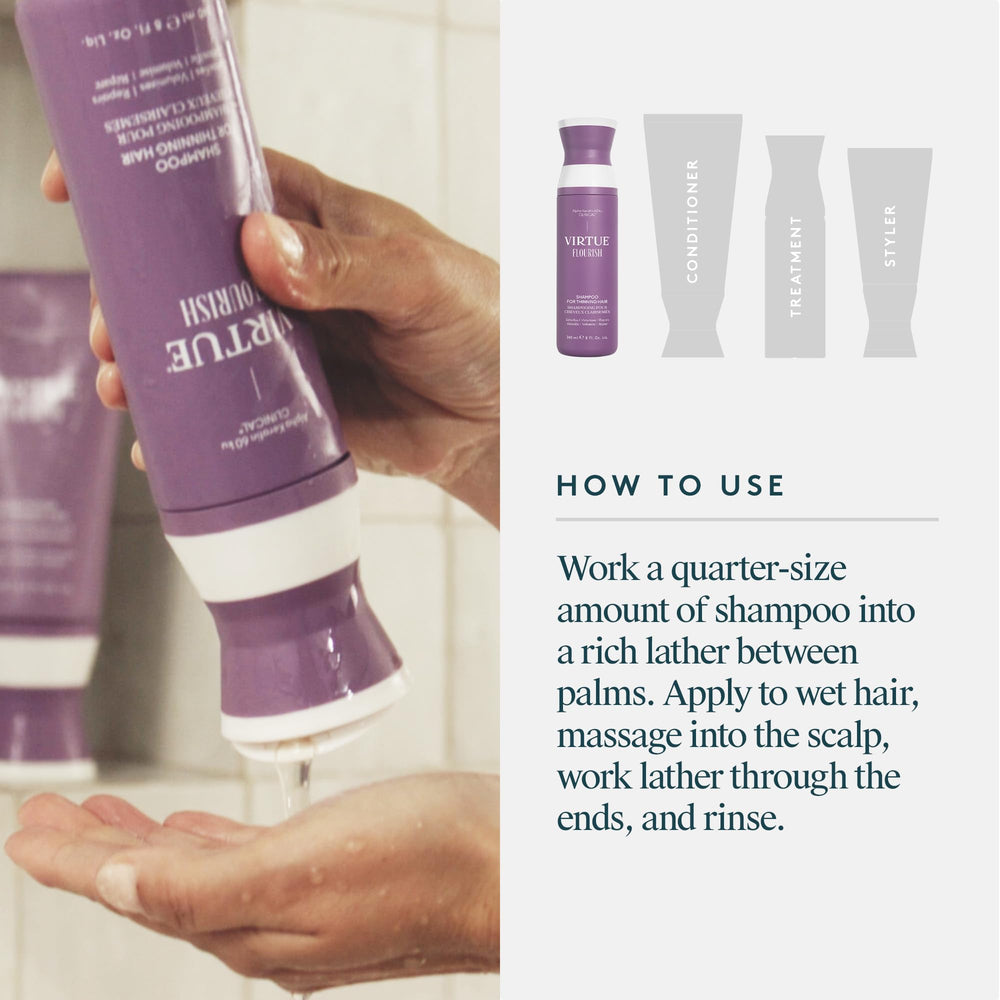 Shower scene with Virtue Flourish Shampoo in a modern bathroom.