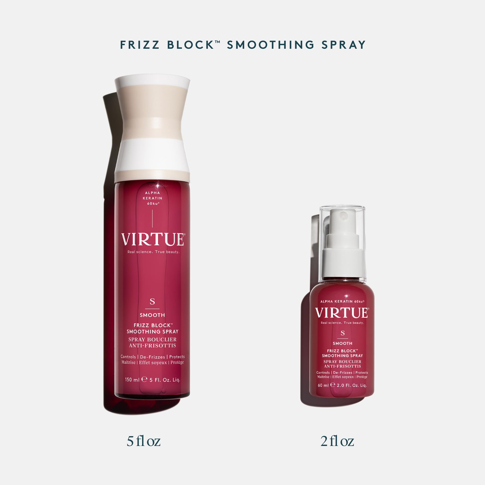 VIRTUE Frizz Block smoothing spray supports color-treated hair maintenance.