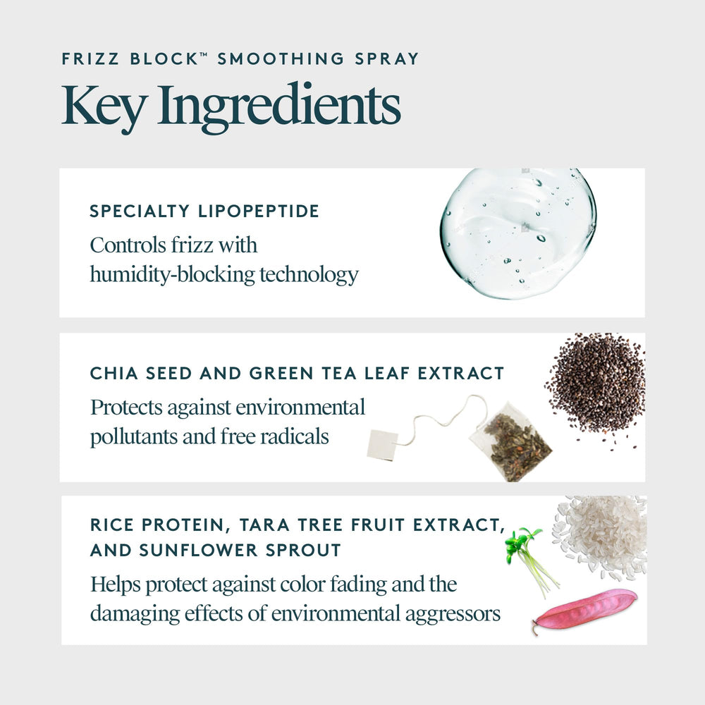 VIRTUE Frizz Block smoothing spray demonstrates heat protection up to 450 degrees.