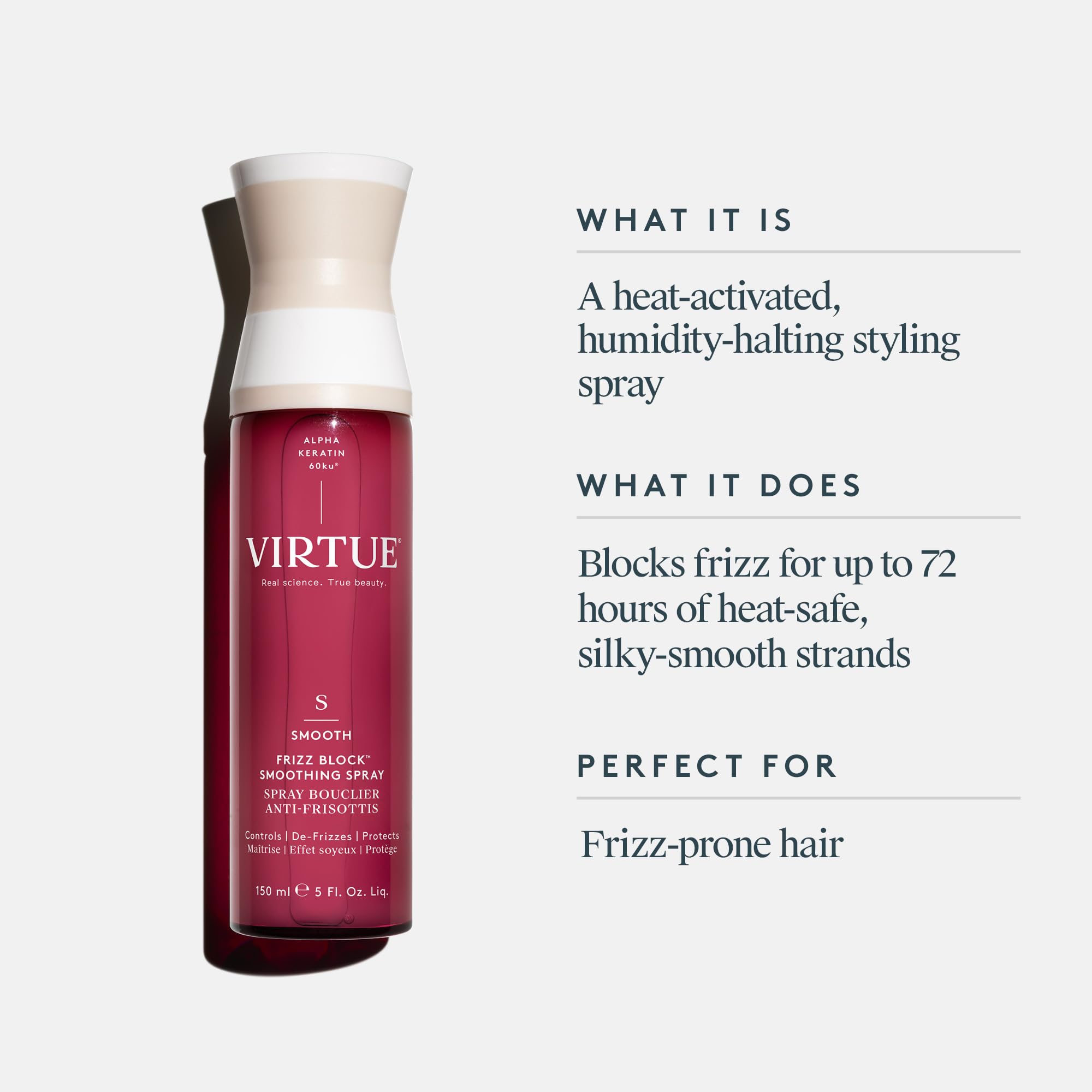VIRTUE Frizz Block spray nozzle mid-use for even application.