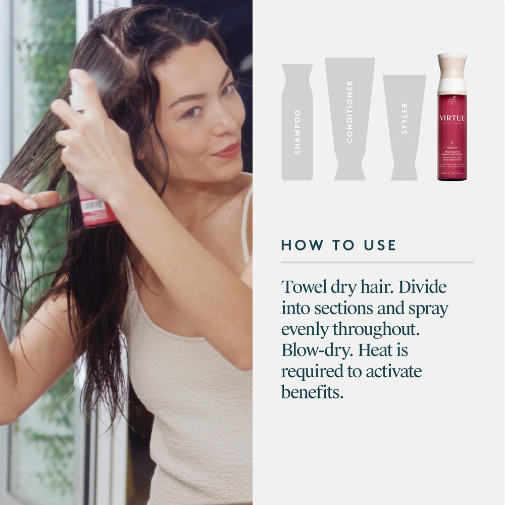 VIRTUE Frizz Block smoothing spray is sulfate-free and color-safe.
