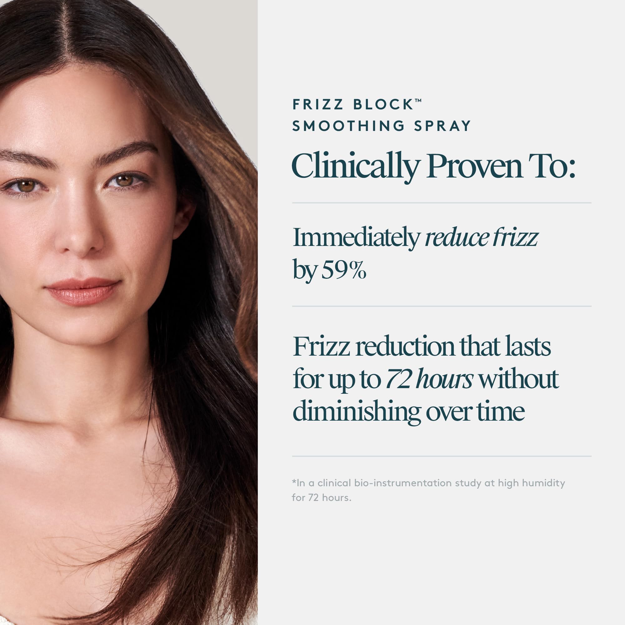 VIRTUE Frizz Block smoothing spray highlights vegan ingredients and gentle care.
