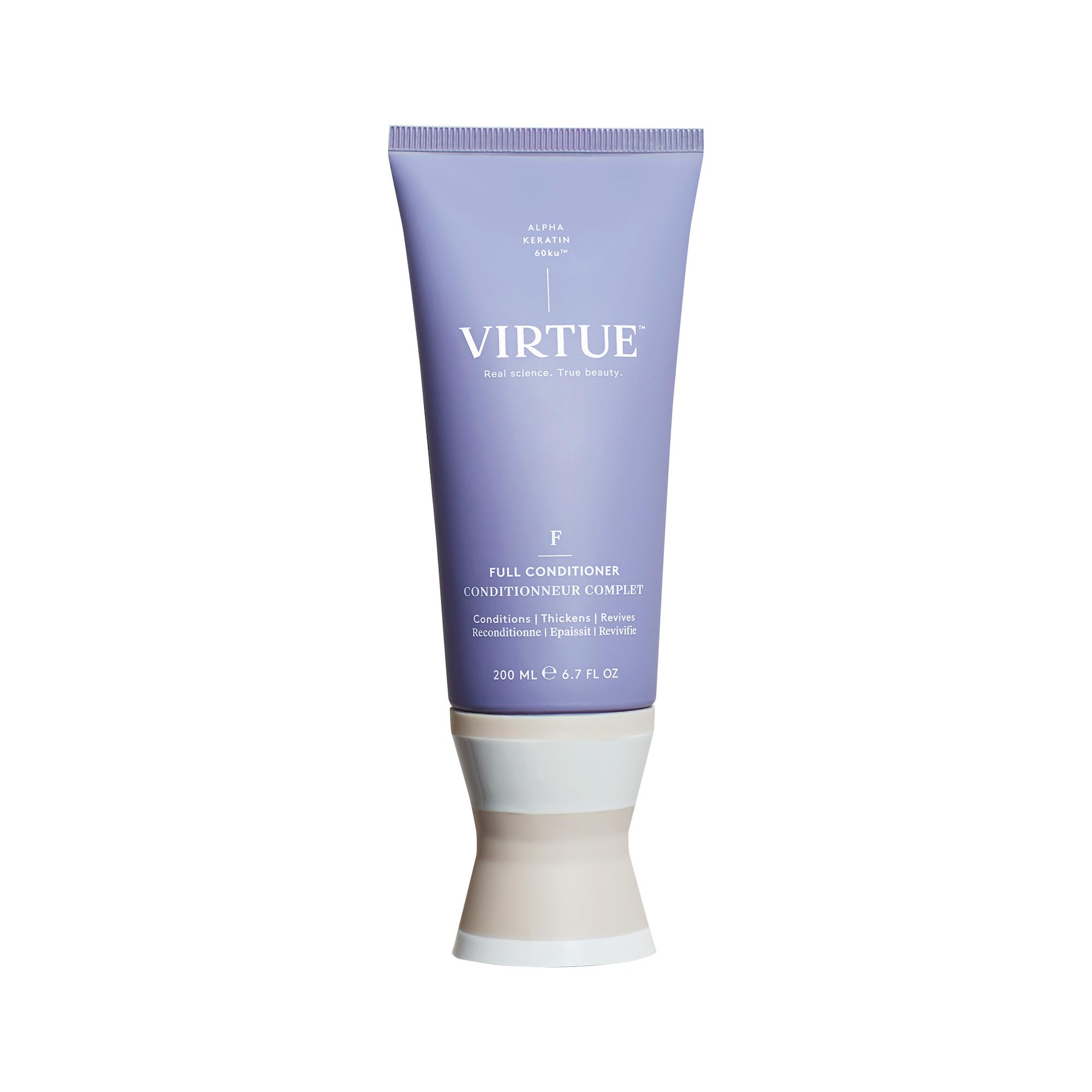 VIRTUE Full Volume Conditioner bottle front shows lightweight formula for added body.