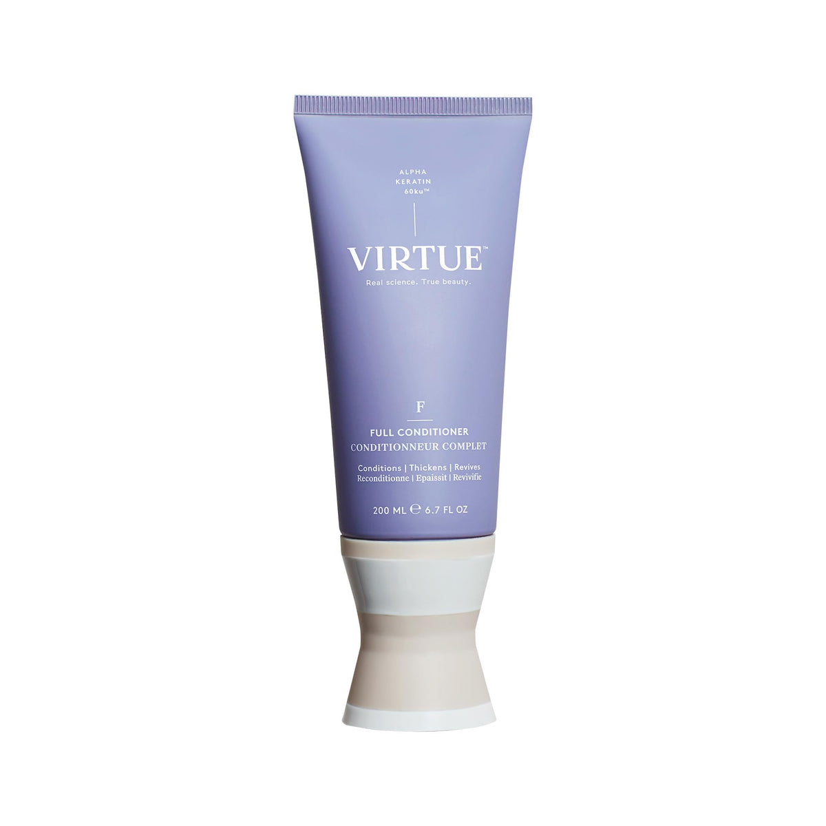 VIRTUE Full Volume Conditioner bottle front shows lightweight formula for added body.