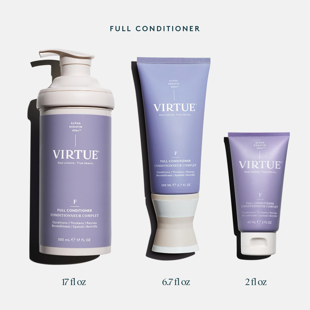 VIRTUE Full Volume Conditioner color-treated-safe claim shown on bottle.
