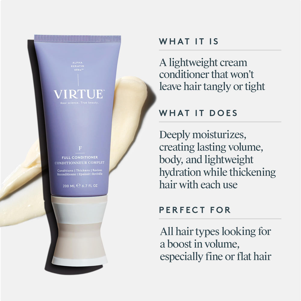 VIRTUE Alpha Keratin 60ku close-up highlights strengthening and density benefits.