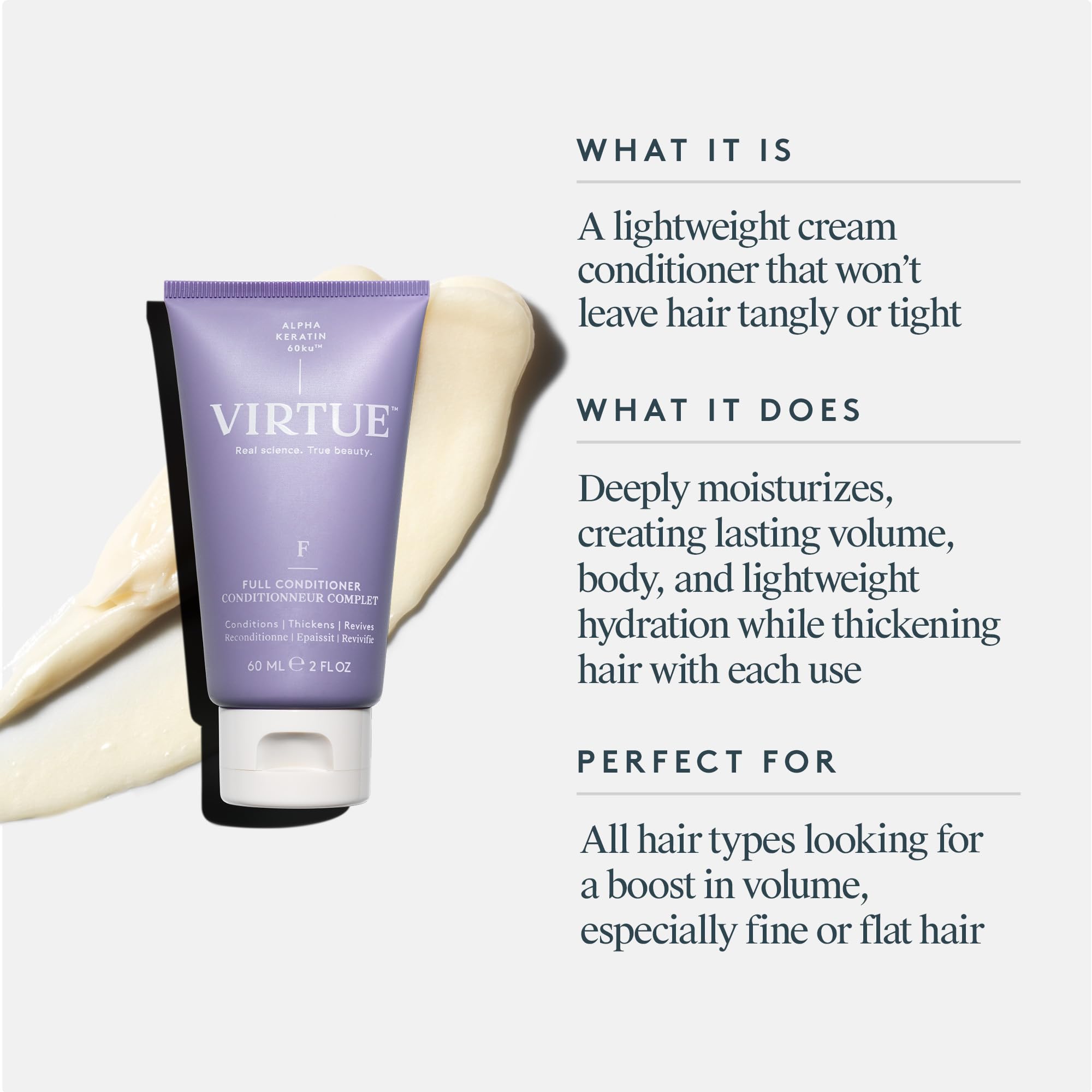 VIRTUE Full Volume Conditioner massage scene emphasizes scalp friendly care