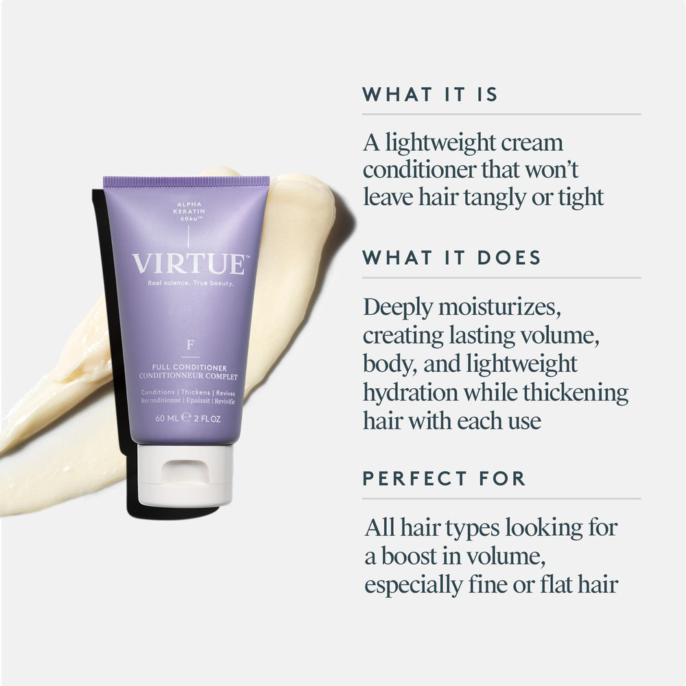 VIRTUE Full Volume Conditioner massage scene emphasizes scalp friendly care