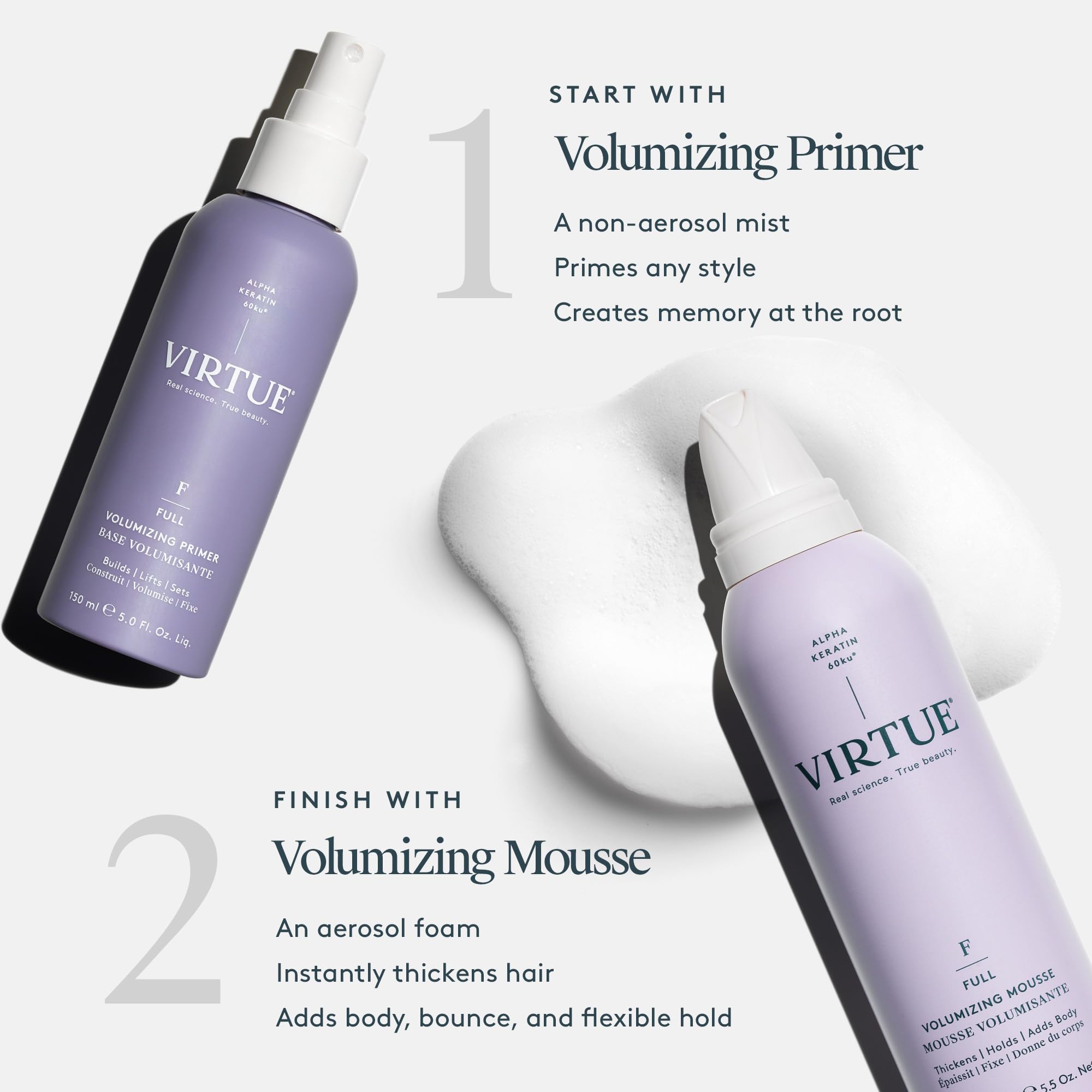 Damp hair with Virtue mousse being applied for flexible hold.