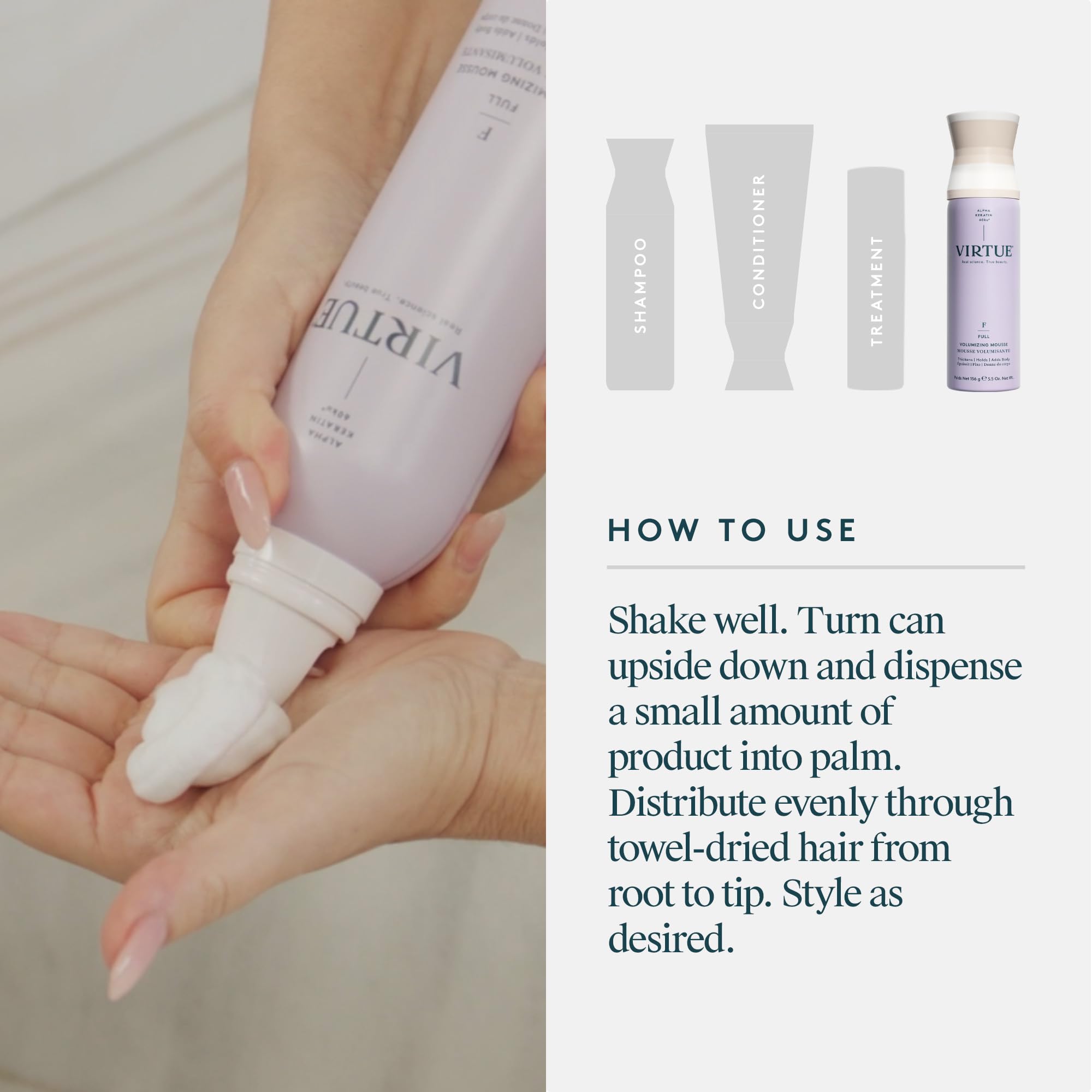 Hair after styling with Virtue mousse showing natural shine and movement.