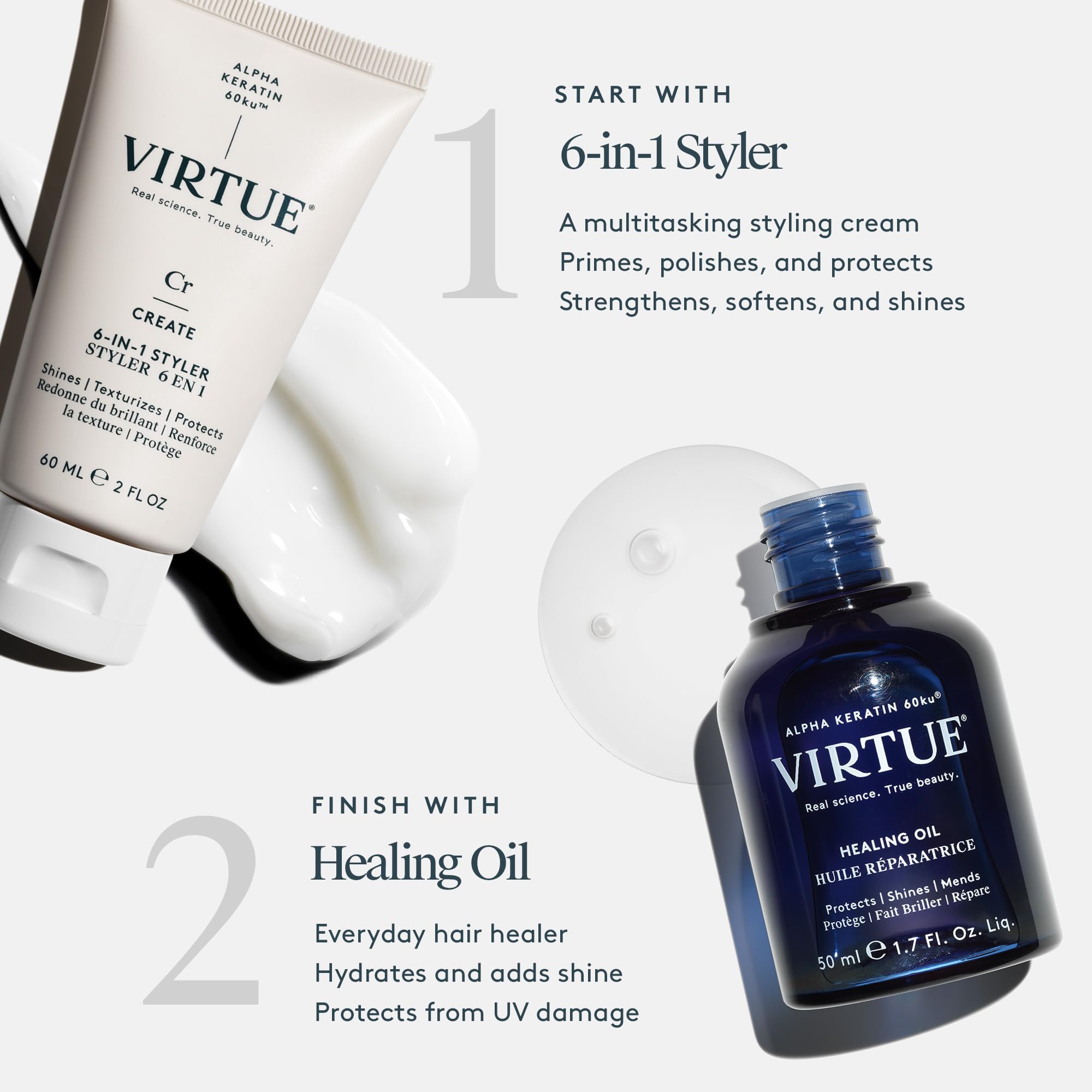 VIRTUE Healing Hair Oil bottle emphasizes nourishing shine on the hair