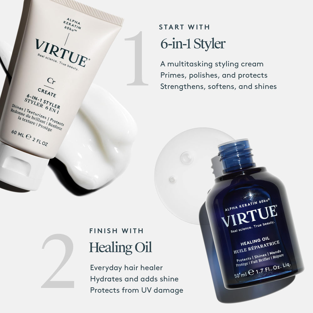 VIRTUE Healing Hair Oil bottle emphasizes nourishing shine on the hair
