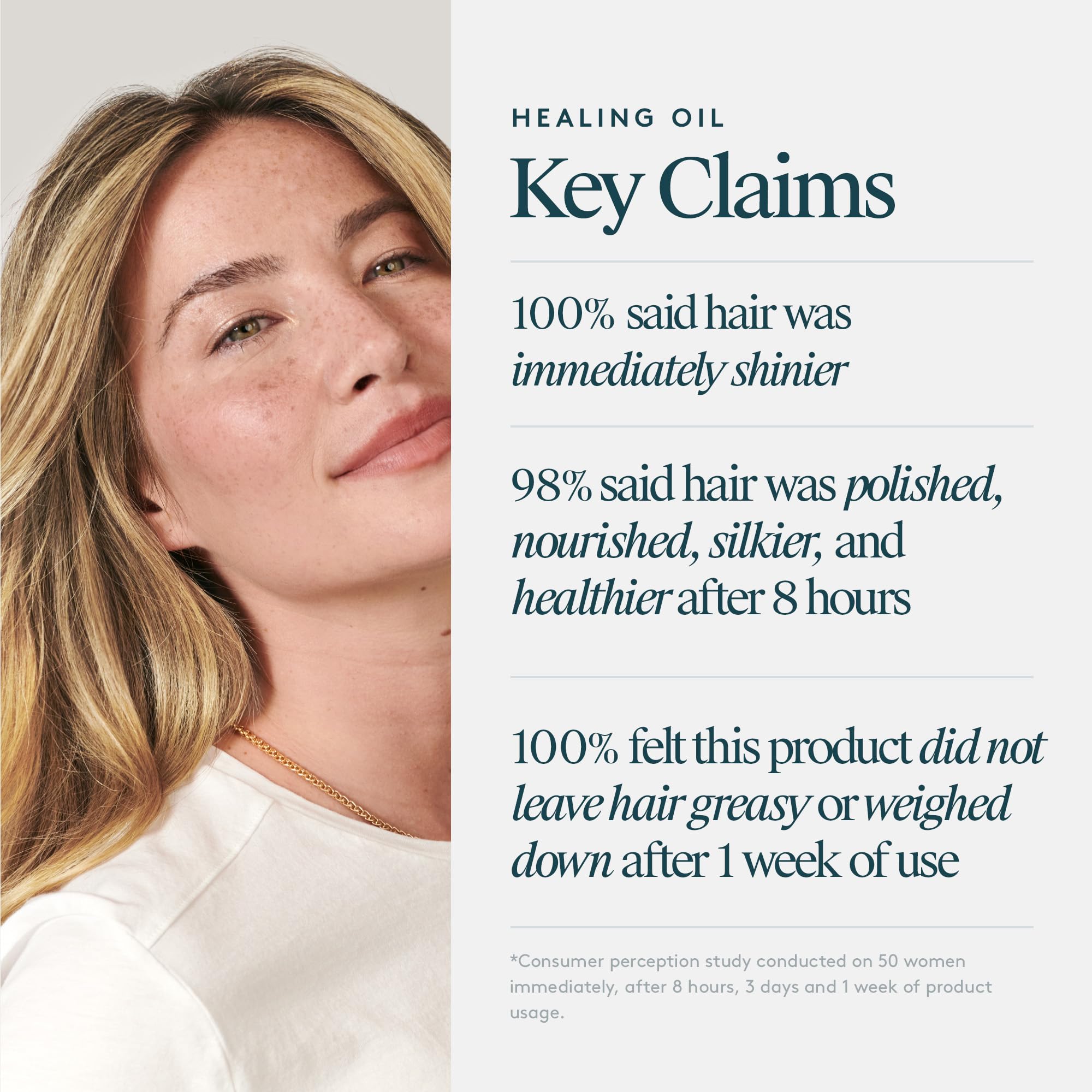 VIRTUE Healing Oil on damp hair creates a soft, non-greasy glow.