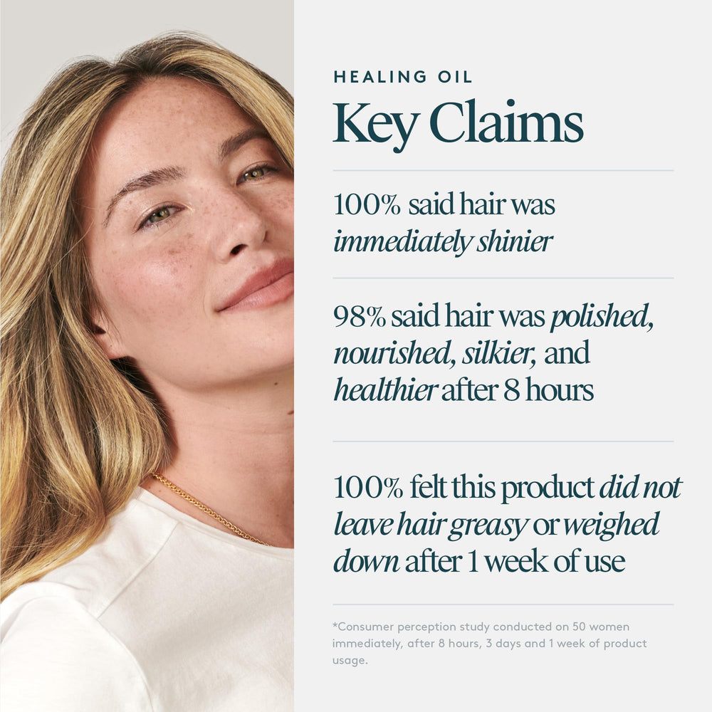 VIRTUE Healing Oil on damp hair creates a soft, non-greasy glow.