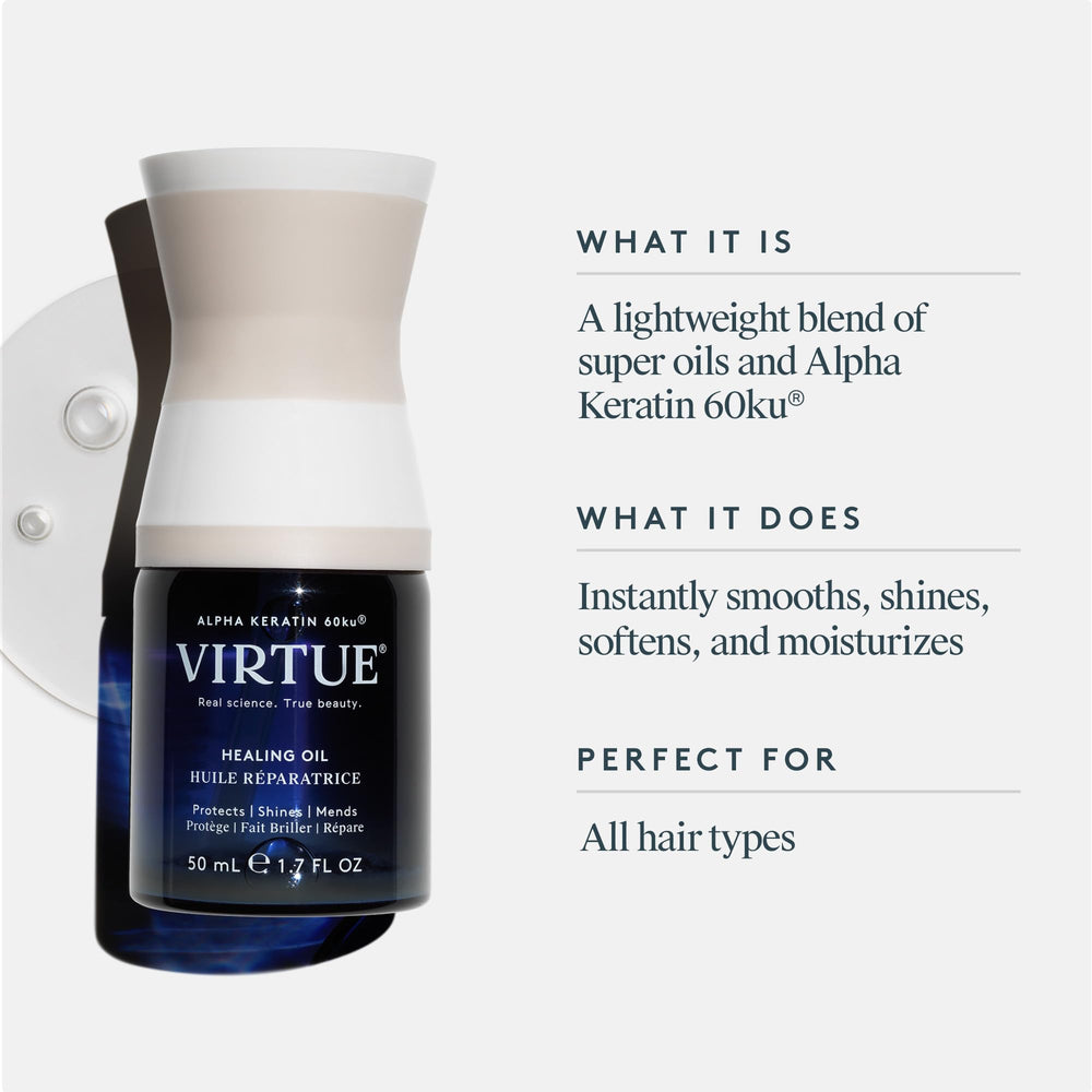 VIRTUE Healing Oil Kalahari Melon Seed Oil label close-up emphasizes hydration.