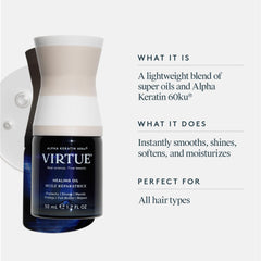 VIRTUE Healing Oil Kalahari Melon Seed Oil label close-up emphasizes hydration.