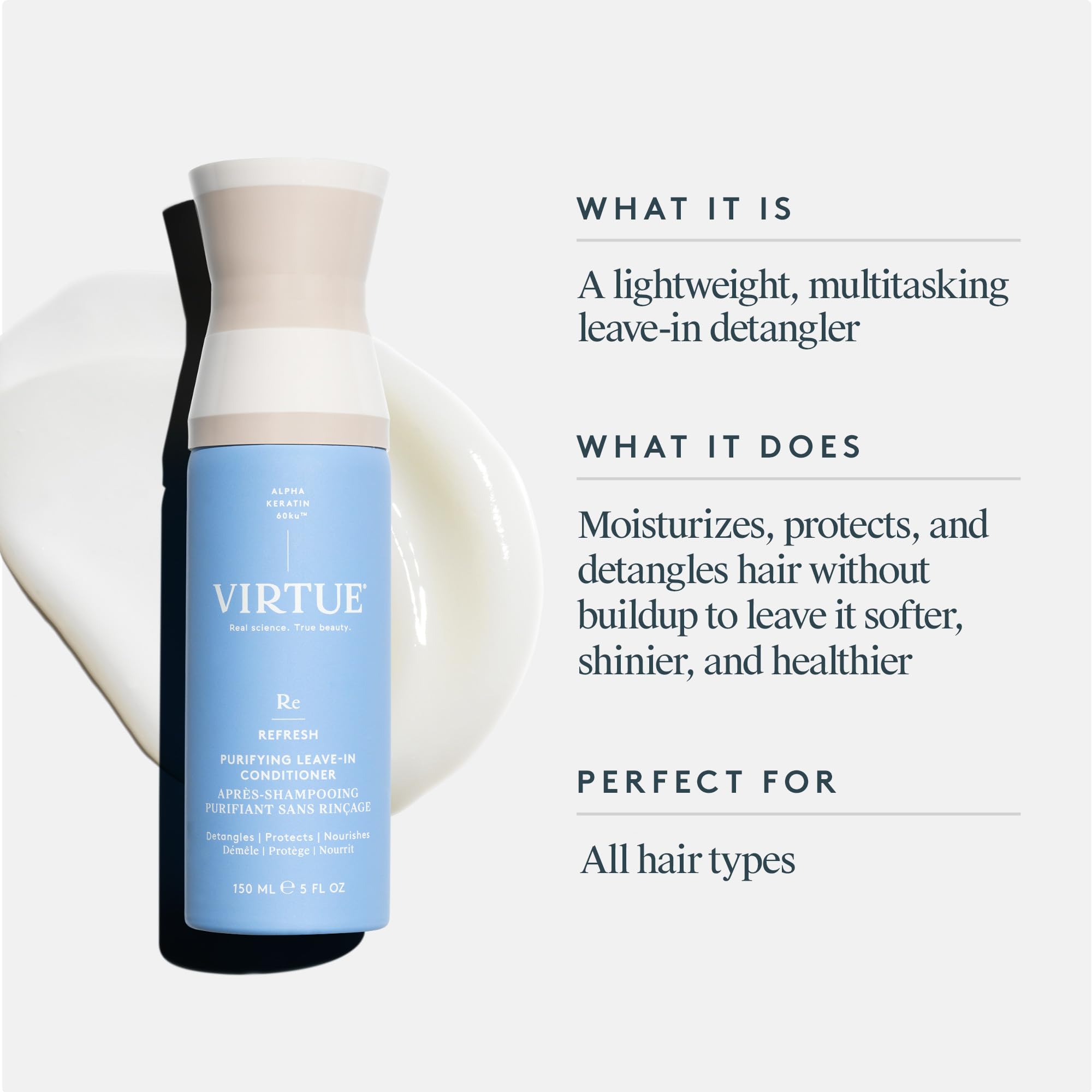 Virtue Purifying Leave-In Hair Conditioner Spray nozzle mist aids detangling.