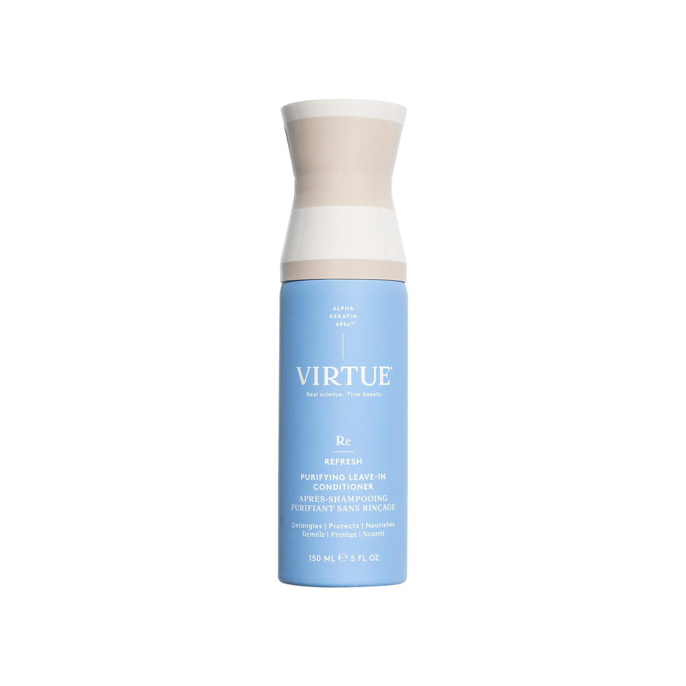 Virtue Purifying Leave-In Hair Conditioner Spray bottle for detangling and shine.