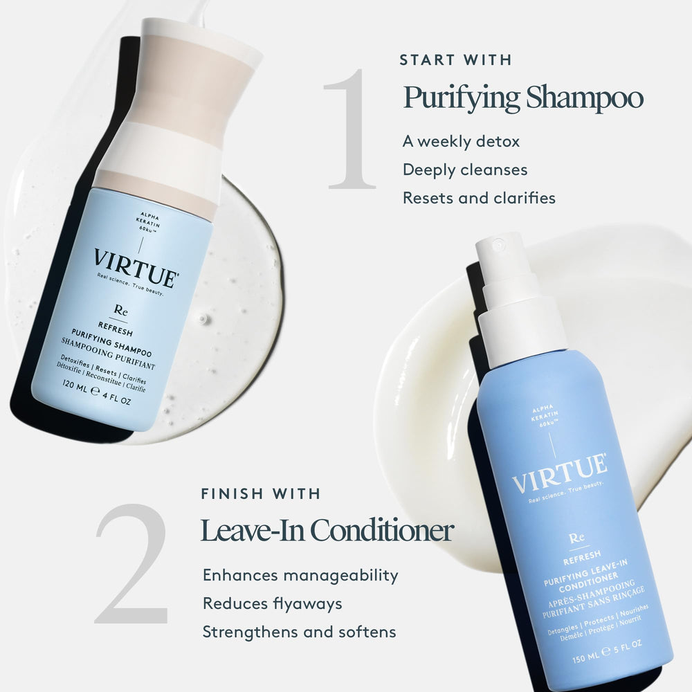 Virtue Purifying Leave-In Hair Conditioner Spray color-safe formula protects treated hair.