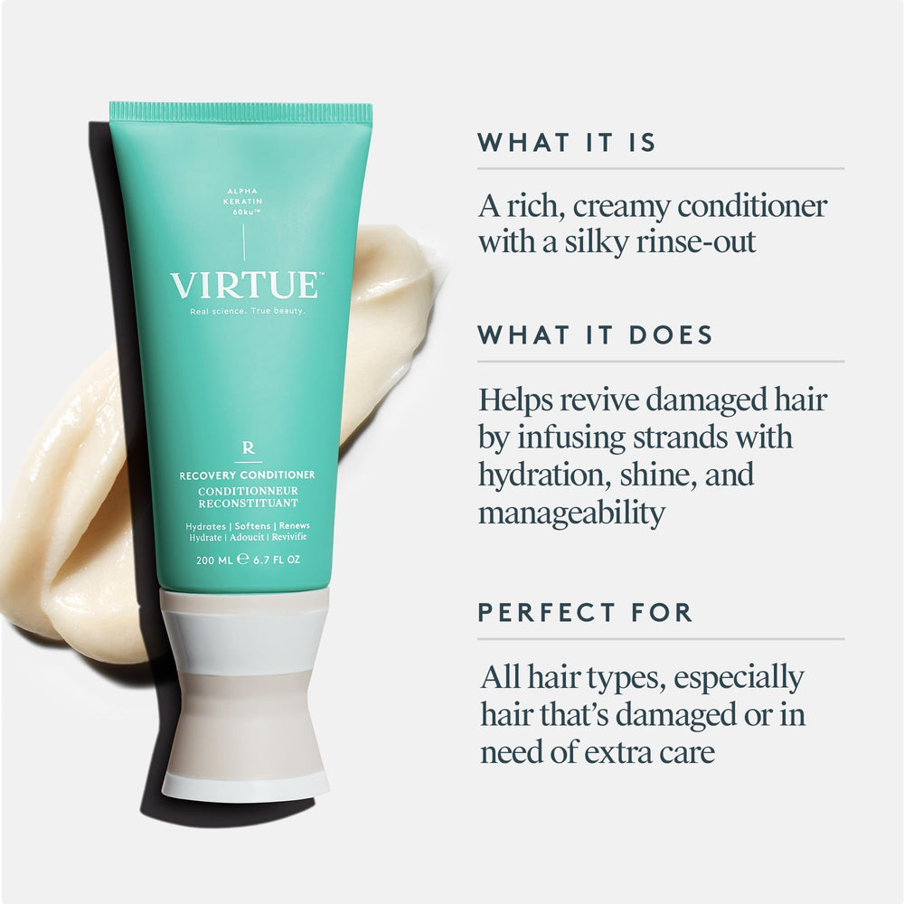VIRTUE Recovery Conditioner color-safe formula protects treated hair.