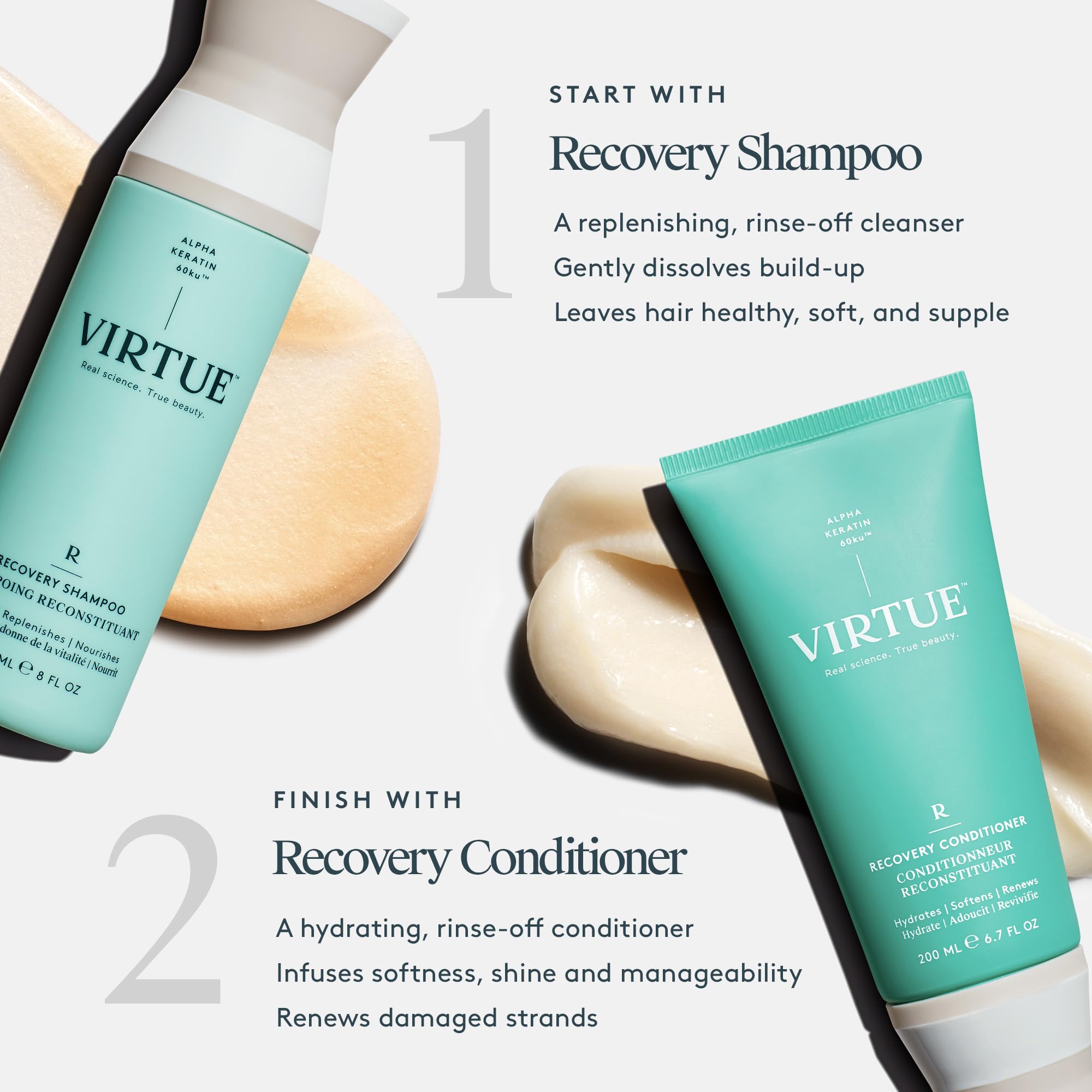 VIRTUE Recovery Conditioner visual suggests damage repair benefits.