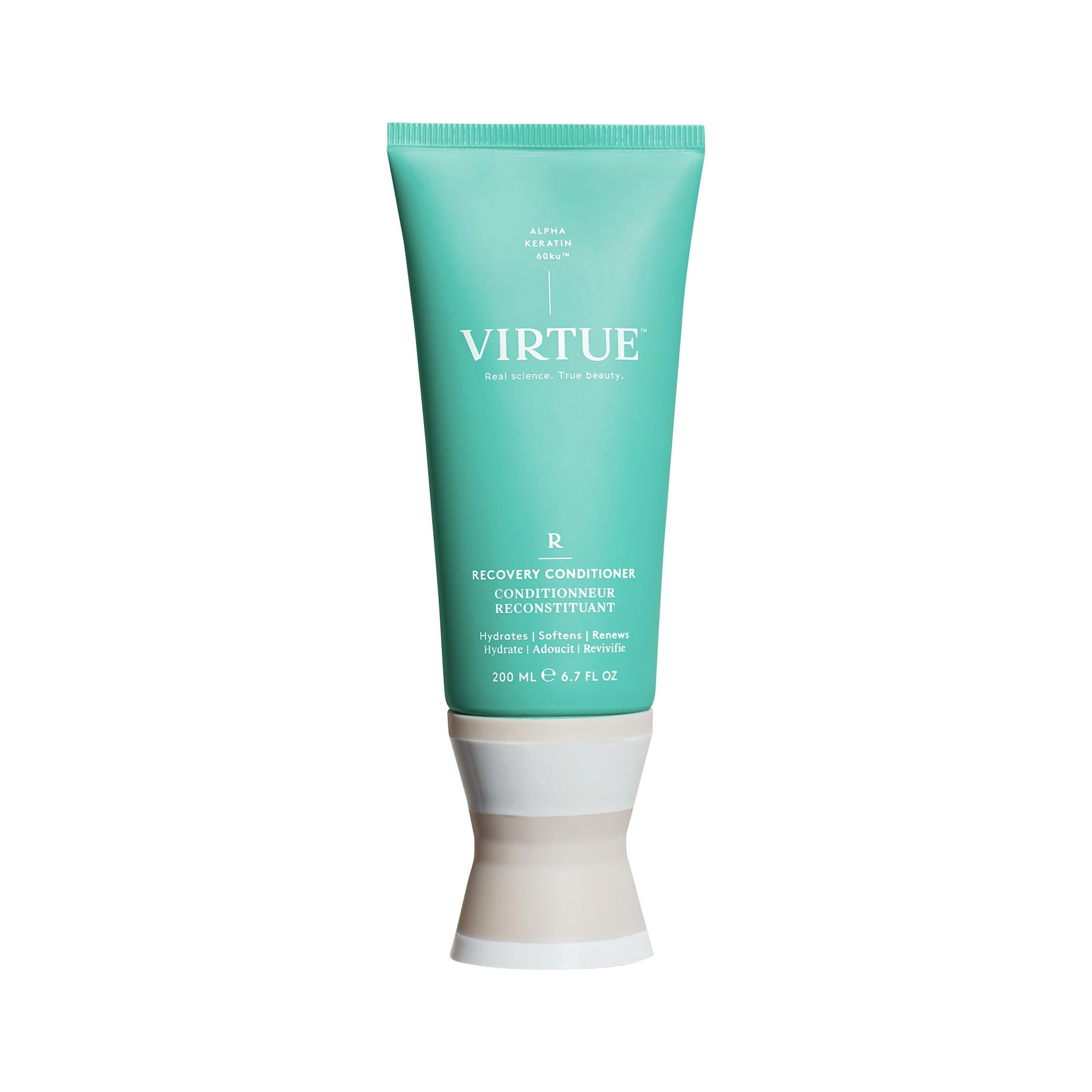VIRTUE Recovery Conditioner bottle shows keratin 60ku application for hair repair.