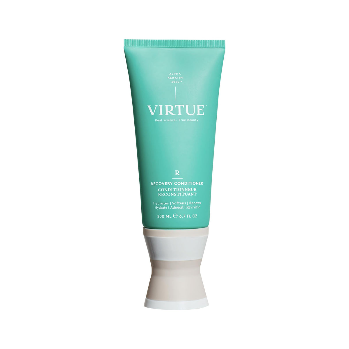 VIRTUE Recovery Conditioner bottle shows keratin 60ku application for hair repair.