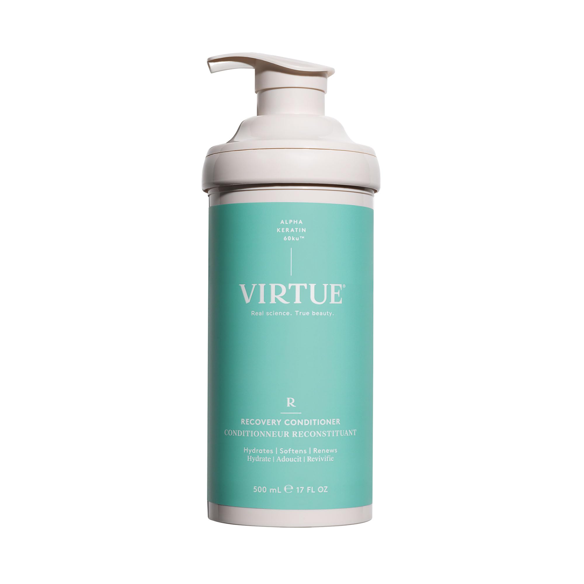 VIRTUE Recovery Conditioner with Keratin bottle pours to nourish hair for manageability