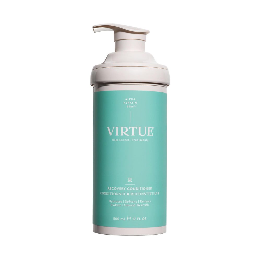 VIRTUE Recovery Conditioner with Keratin bottle pours to nourish hair for manageability