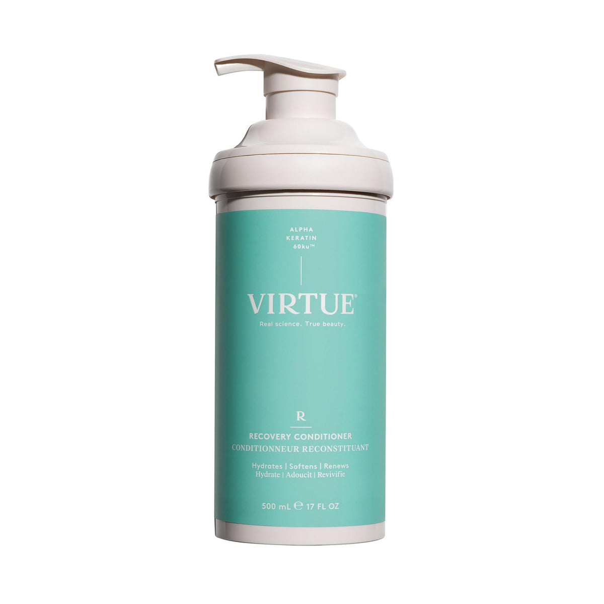 VIRTUE Recovery Conditioner with Keratin bottle pours to nourish hair for manageability