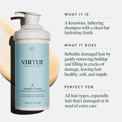 VIRTUE Recovery Shampoo close-up foam shows gentle cleansing with no sulfate.