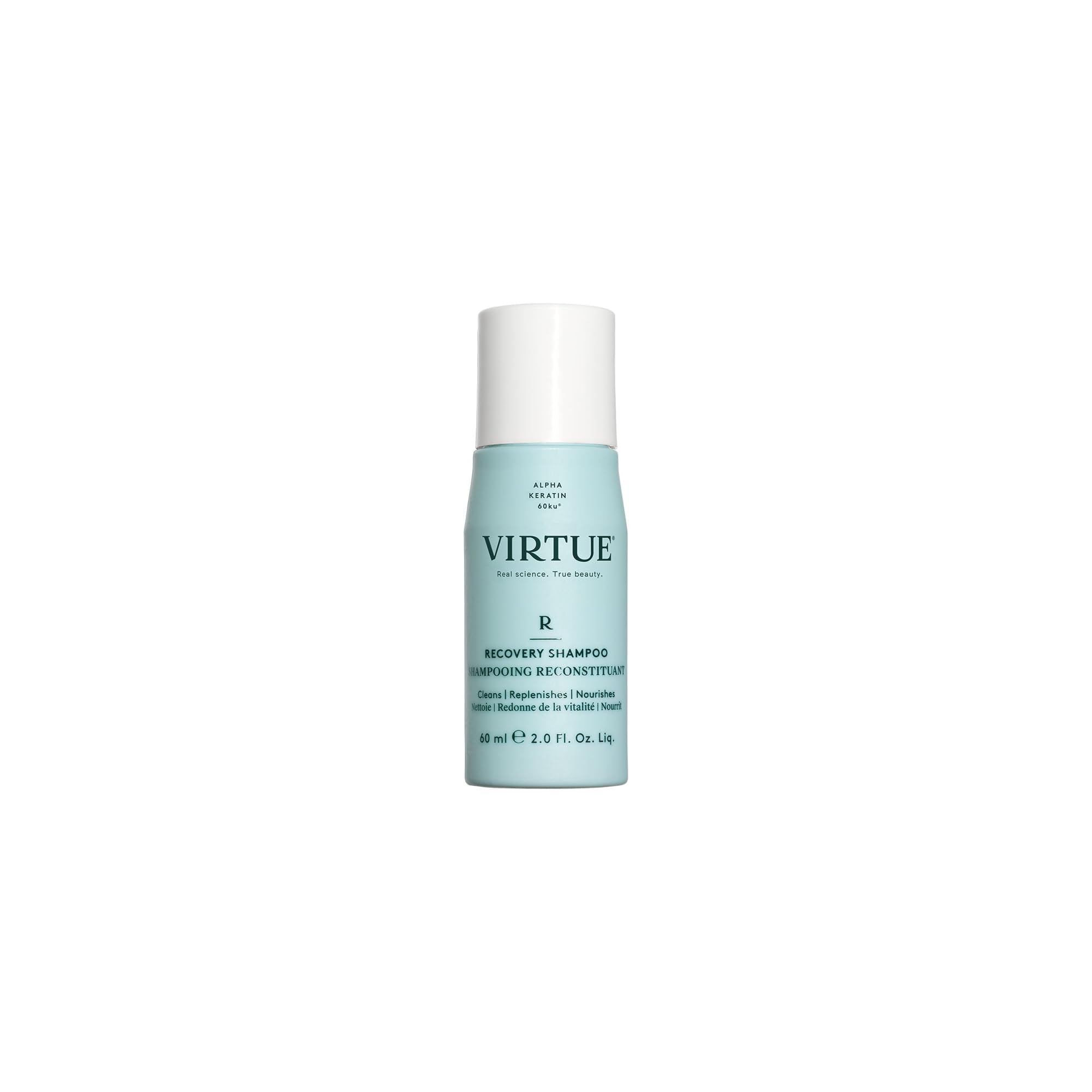VIRTUE Recovery Shampoo en botella, limpieza suave sin sulfatos para cabello dañado.