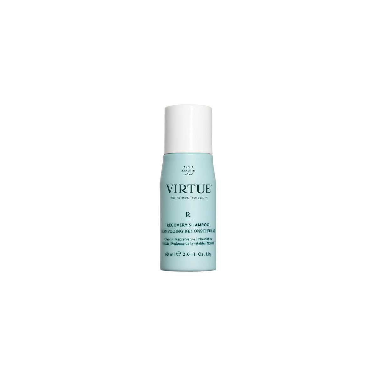 VIRTUE Recovery Shampoo en botella, limpieza suave sin sulfatos para cabello dañado.
