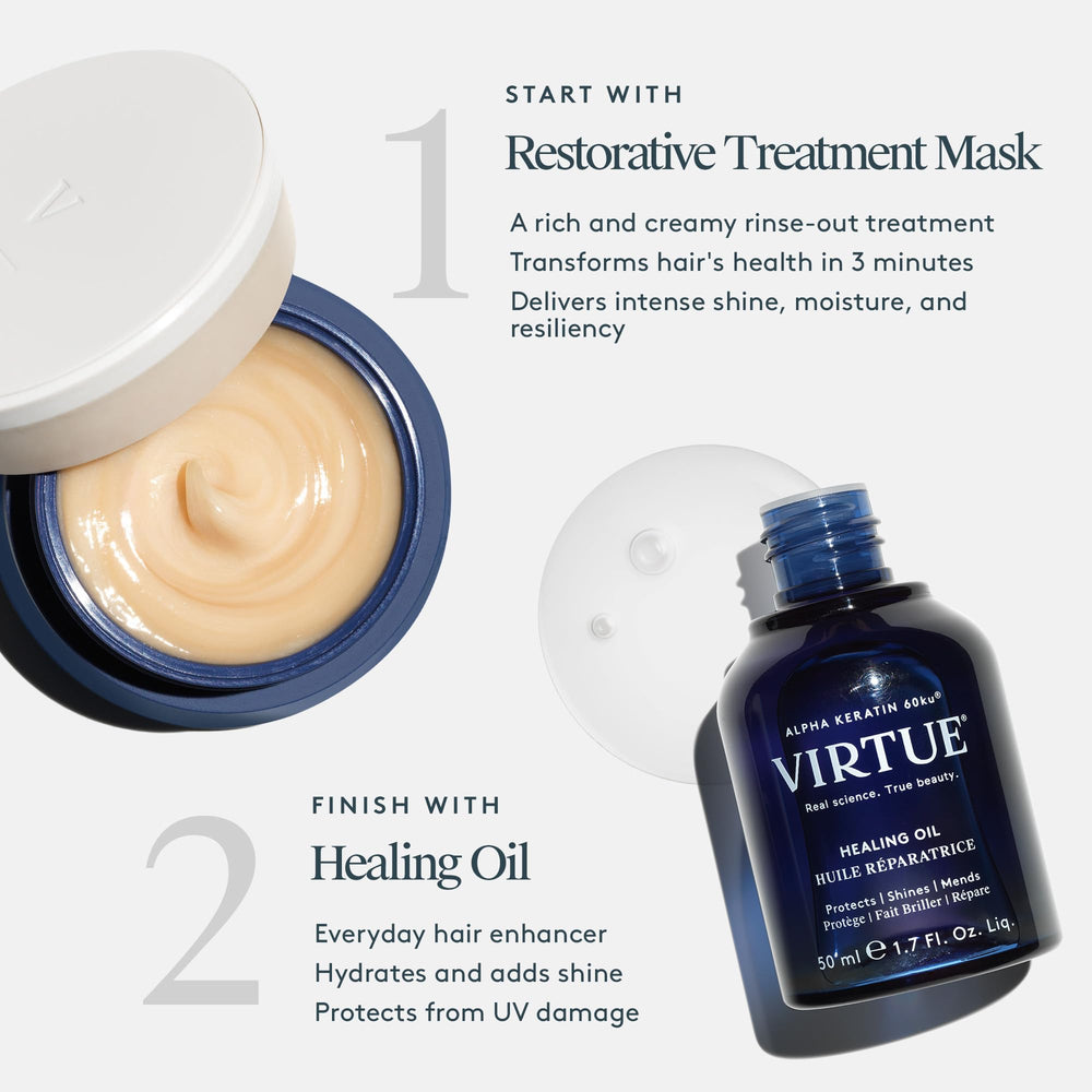 Close-up of keratin and baobab ingredients in VIRTUE mask