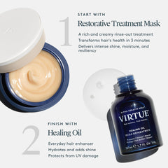 Close-up of keratin and baobab ingredients in VIRTUE mask