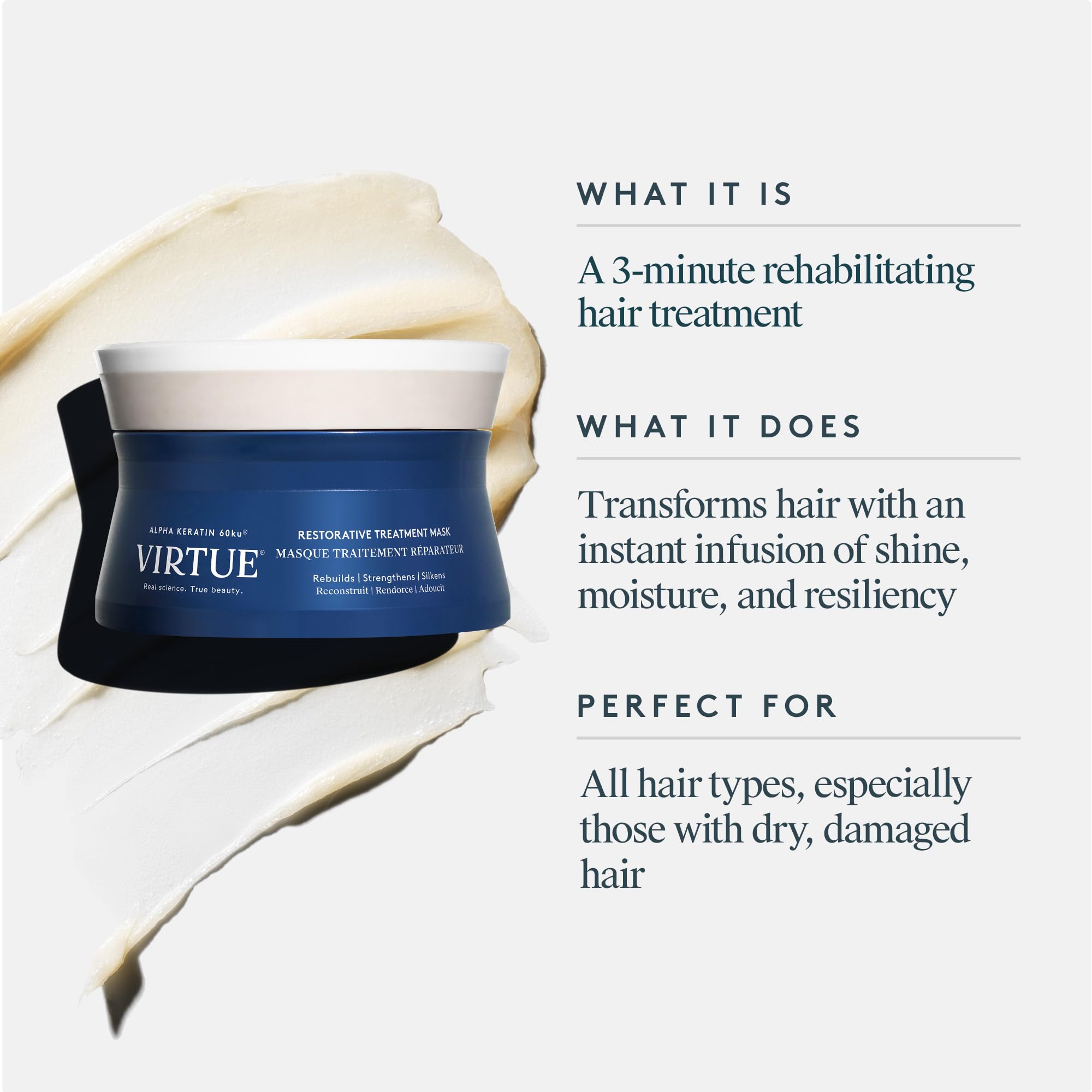 VIRTUE Restorative Hair Mask tub with creamy texture ready for massage