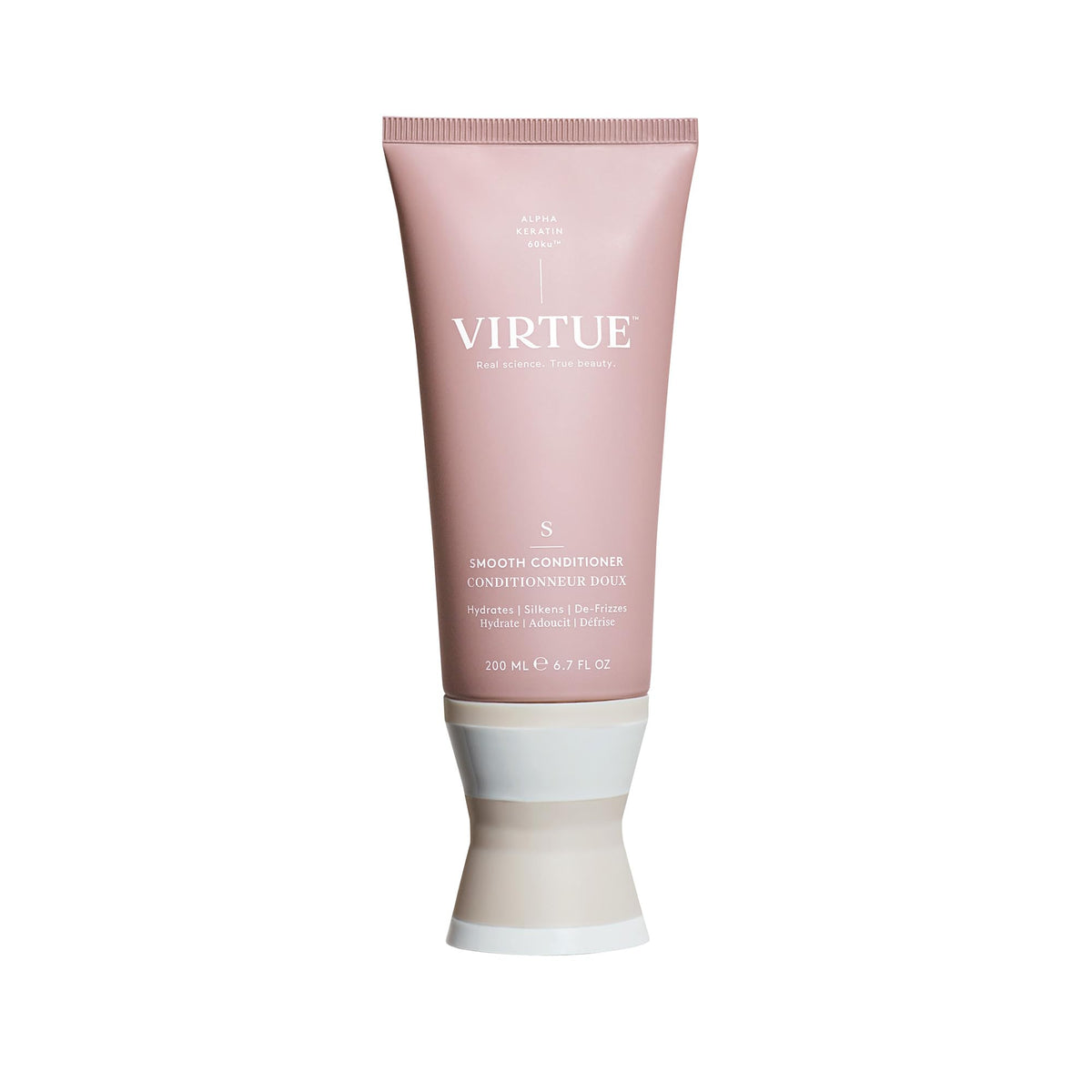 Virtue Smooth Conditioner bottle front showing frizz control for all hair types
