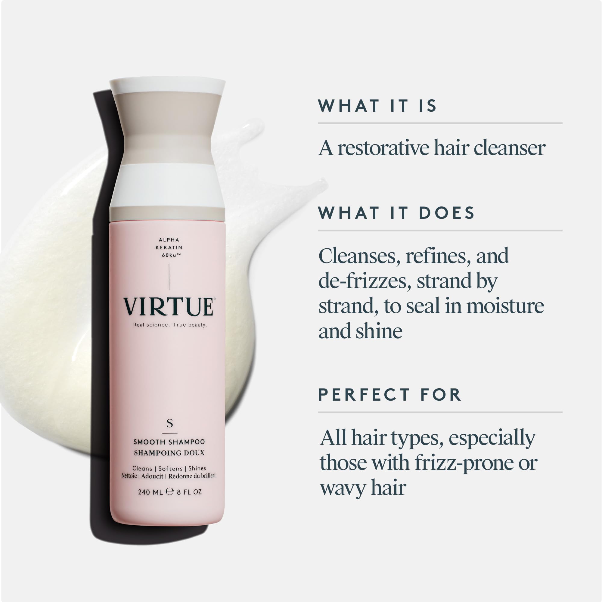 VIRTUE Smooth Shampoo fragrance note lavender and mint for a soothing aroma.
