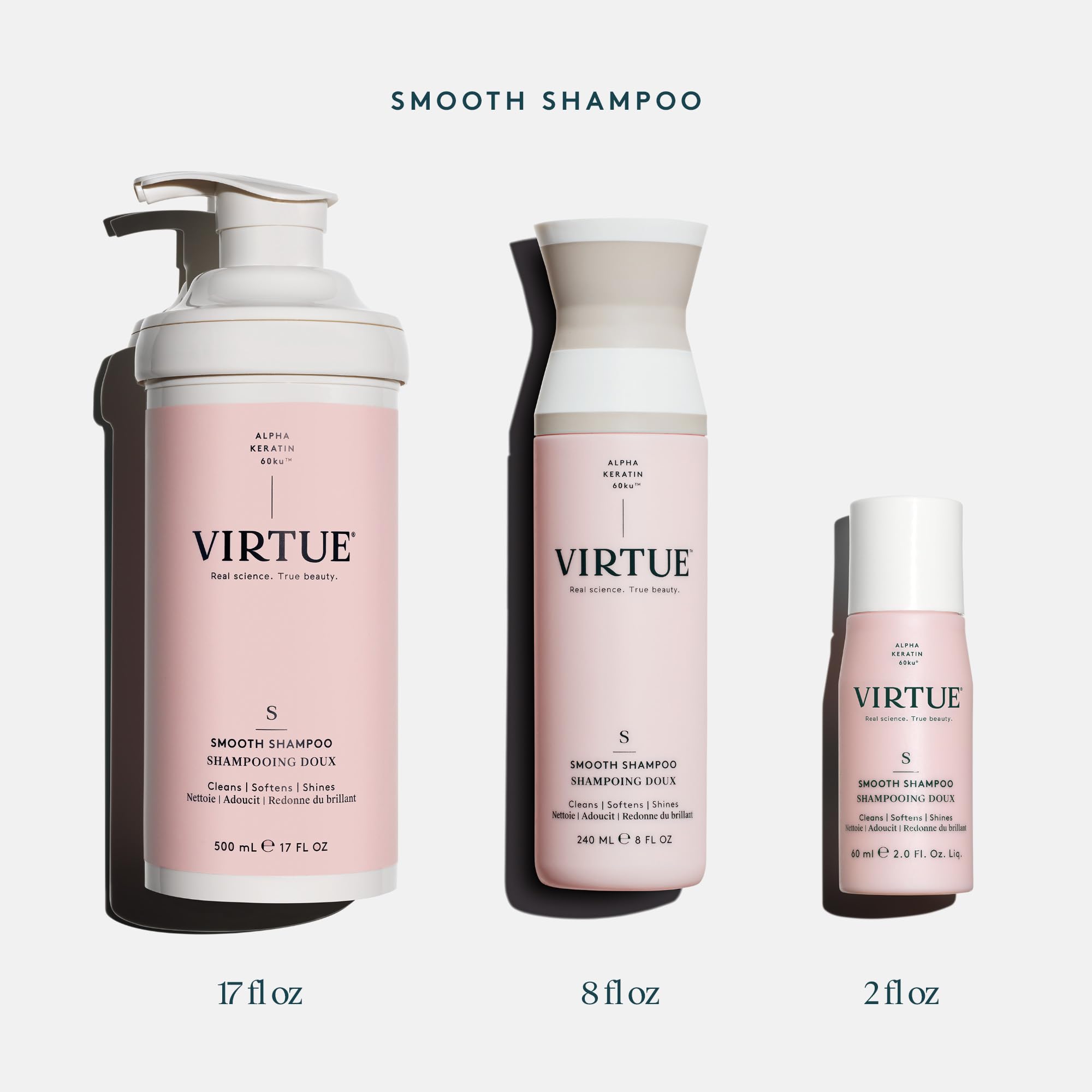 Hair-model shows frizz-free look after using VIRTUE Smooth Shampoo.